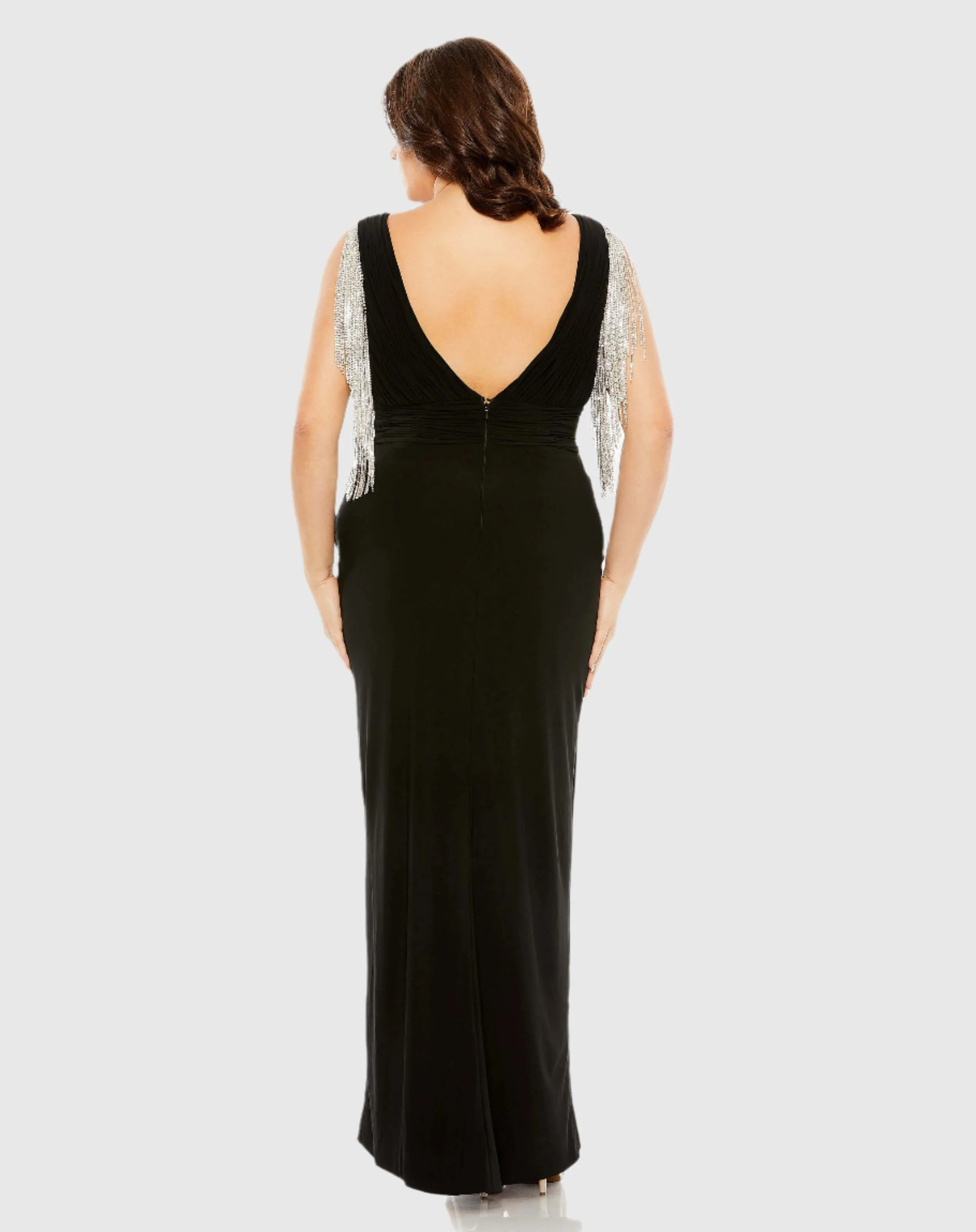 V-neck Gown with Fringe Detail on Shoulder (Plus)