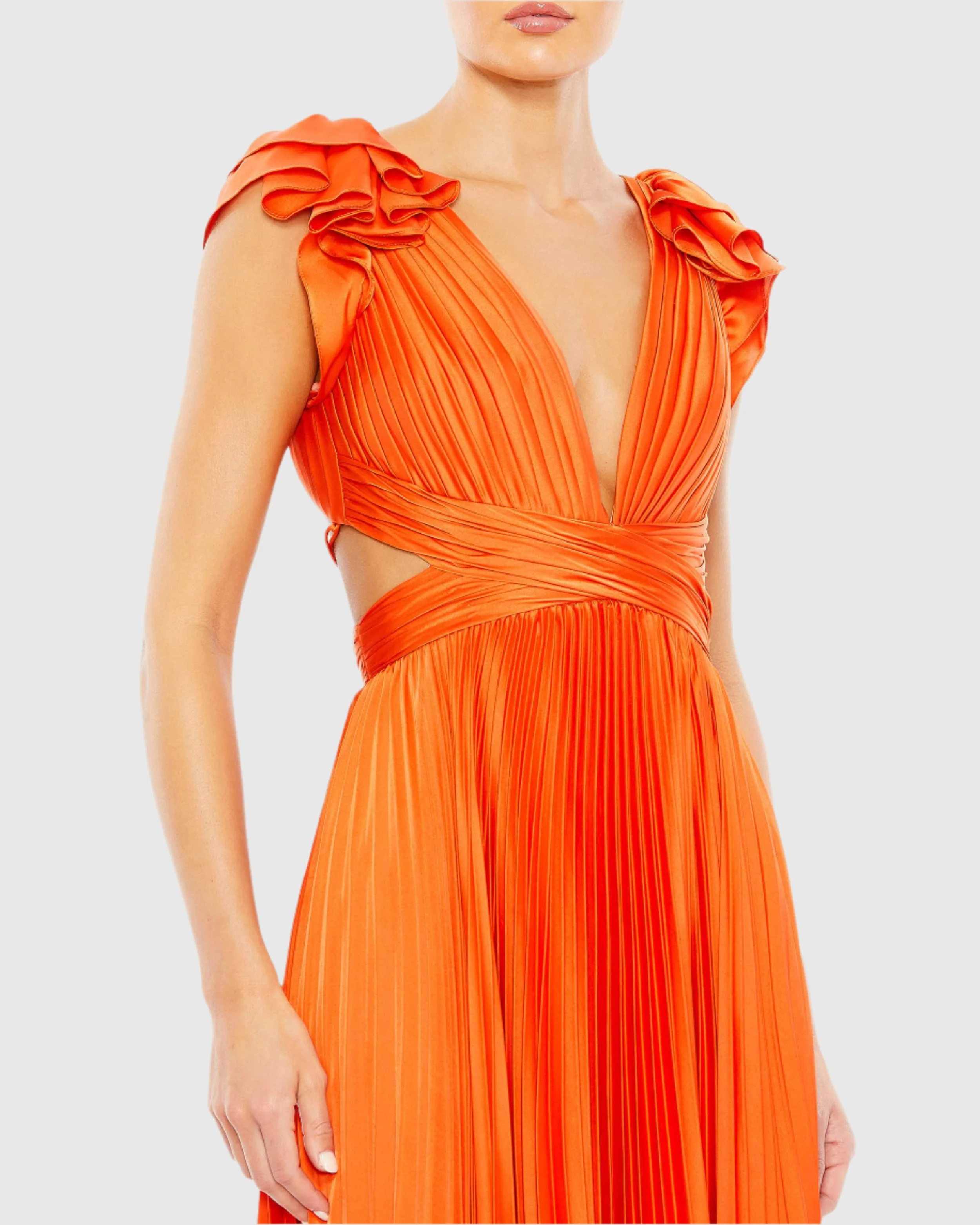 Orange Pleated Ruffled Cap Sleeve Cut Out Lace Up Gown