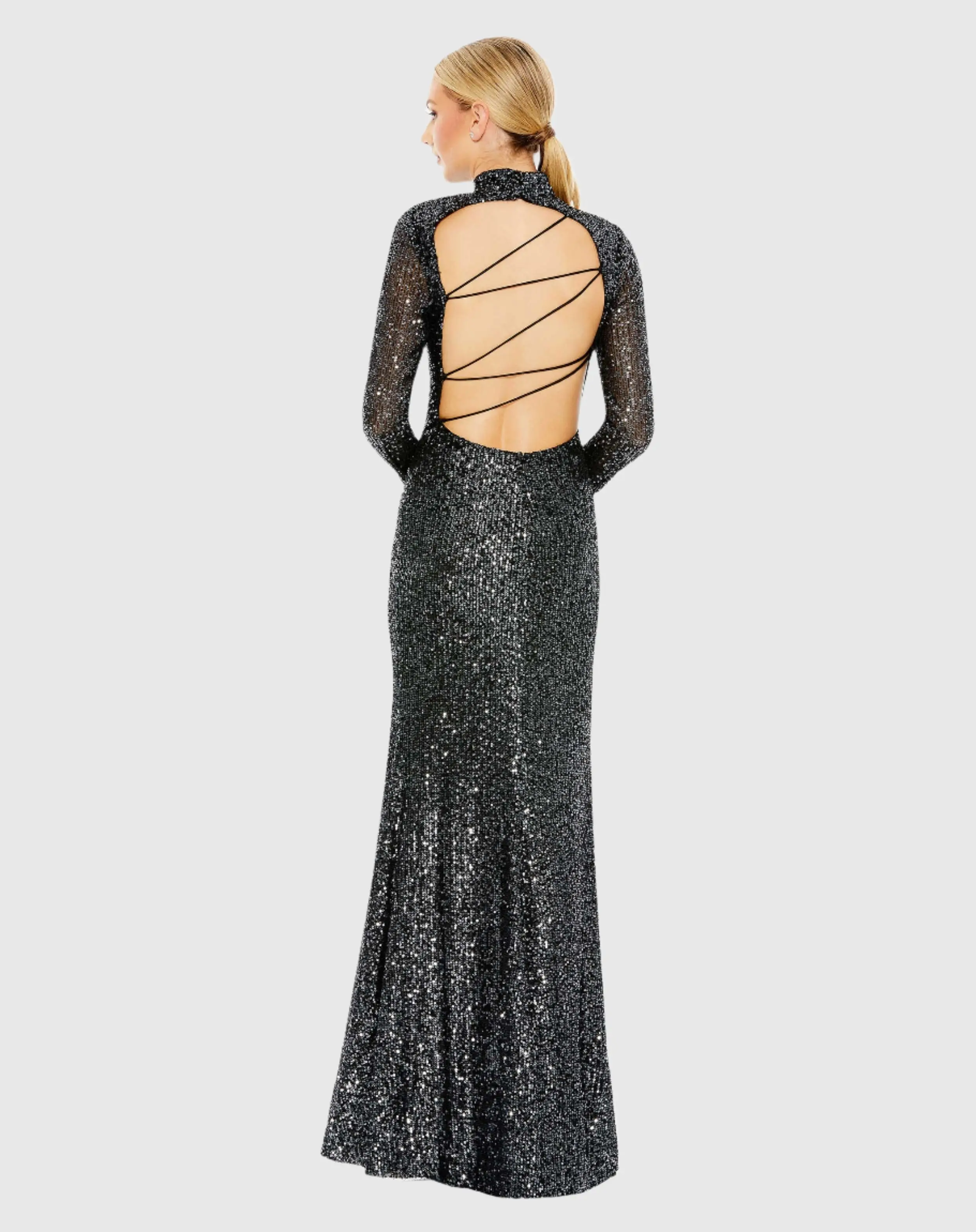 Sequined High Neck Long Sleeve Lace Up Gown - FINAL SALE