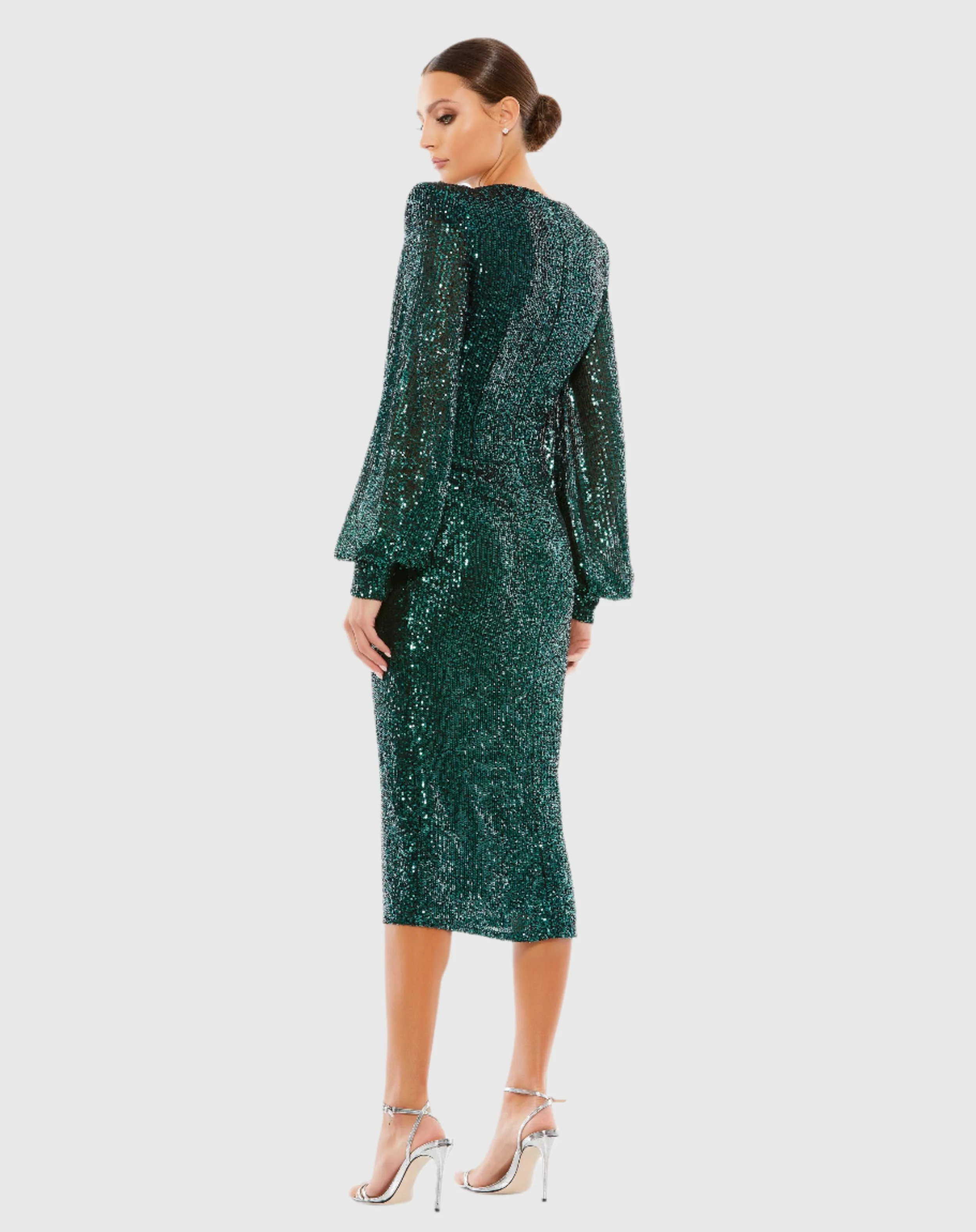 Green Sequined Structured Bishop Sleeve Midi Dress