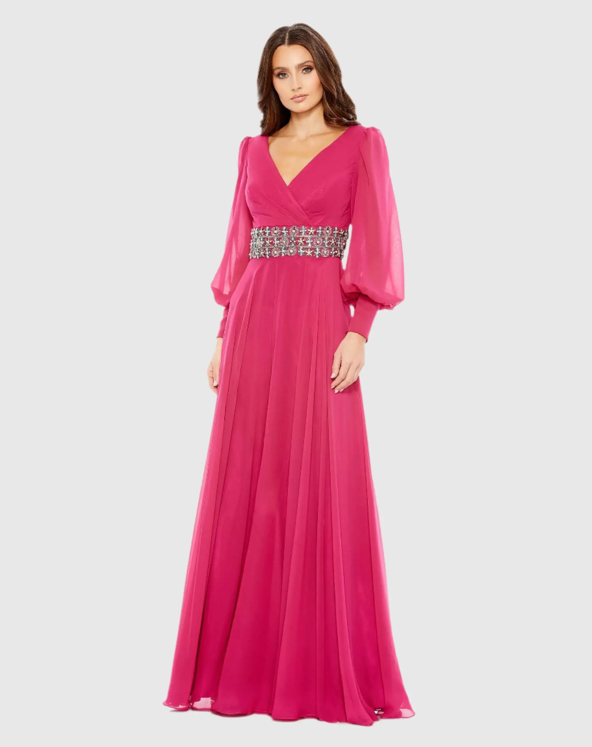 Pink Bishop Sleeve Wrap Over Belt Detail Flowy Gown