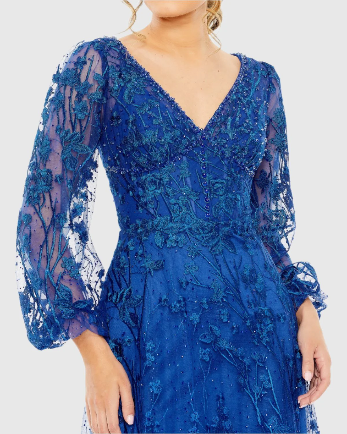 Blue V-Neck Mesh Puff Sleeve A Line Embellished Tea Length Dress