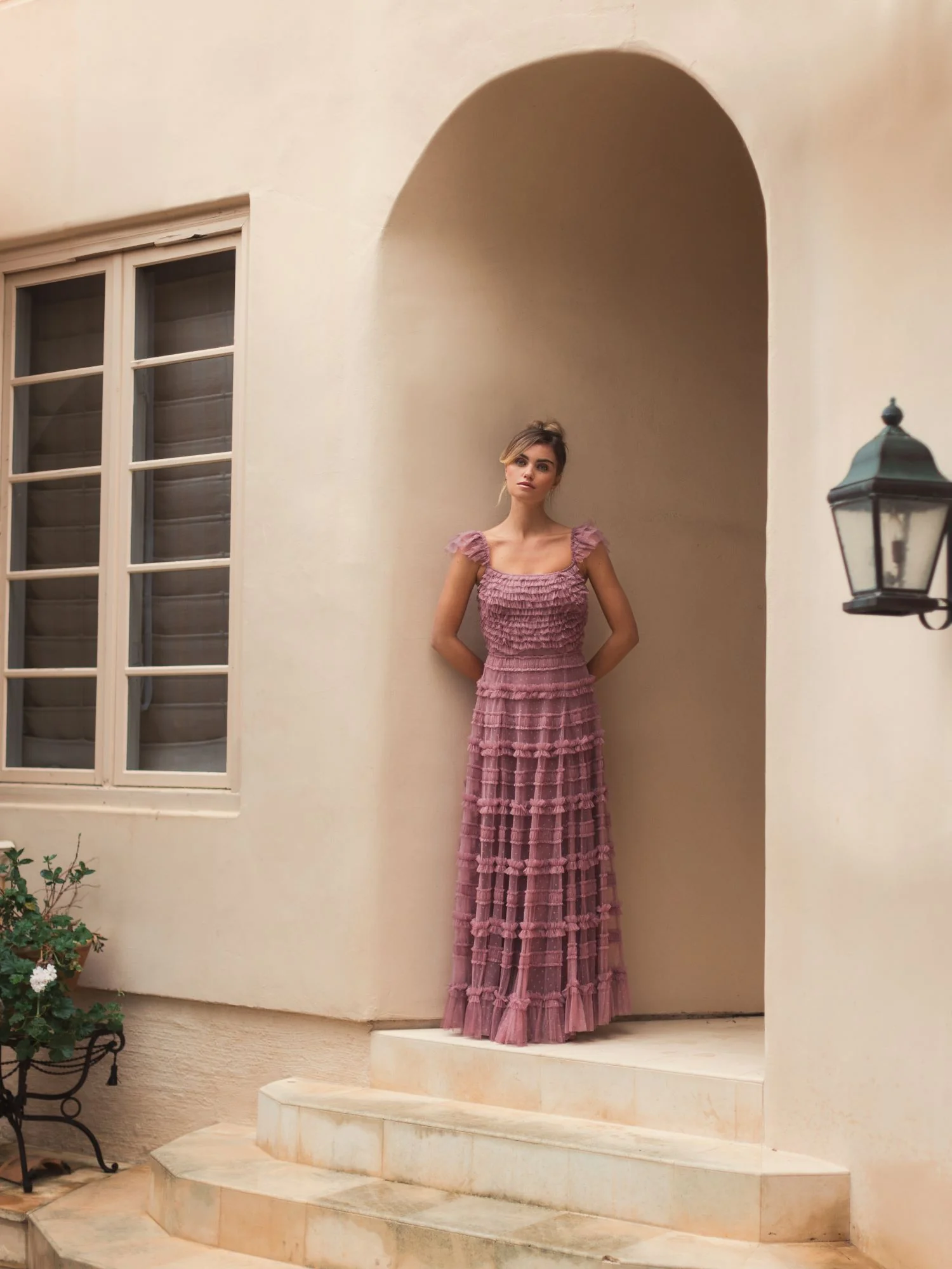 Pink Ruffle Cap Sleeve Tiered Gown