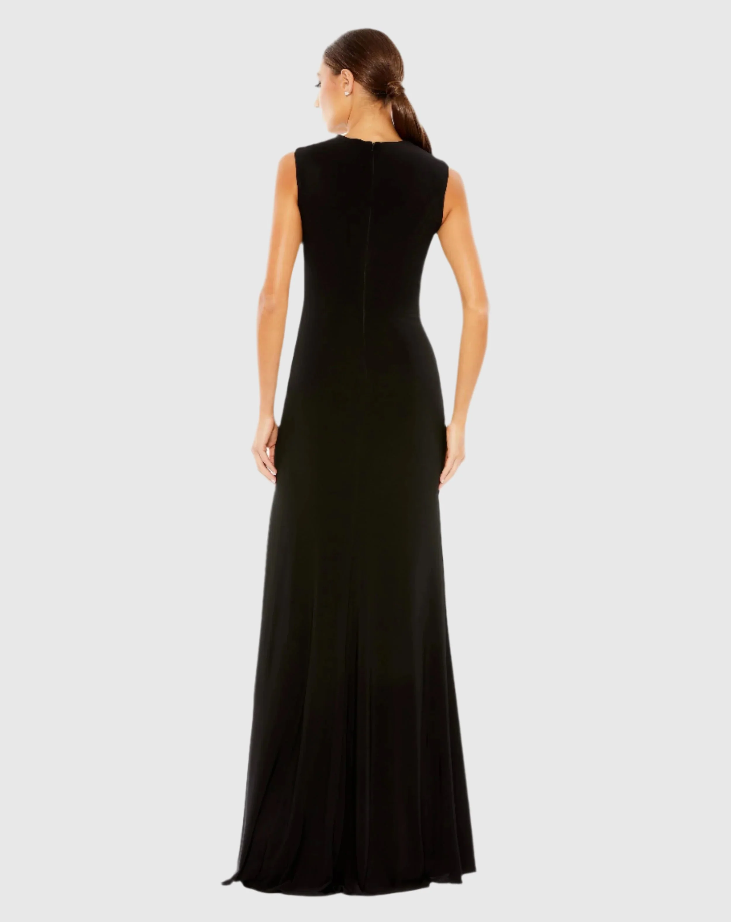 Black Draped Side Knot Jersey Gown w/ Rhinestone Ring