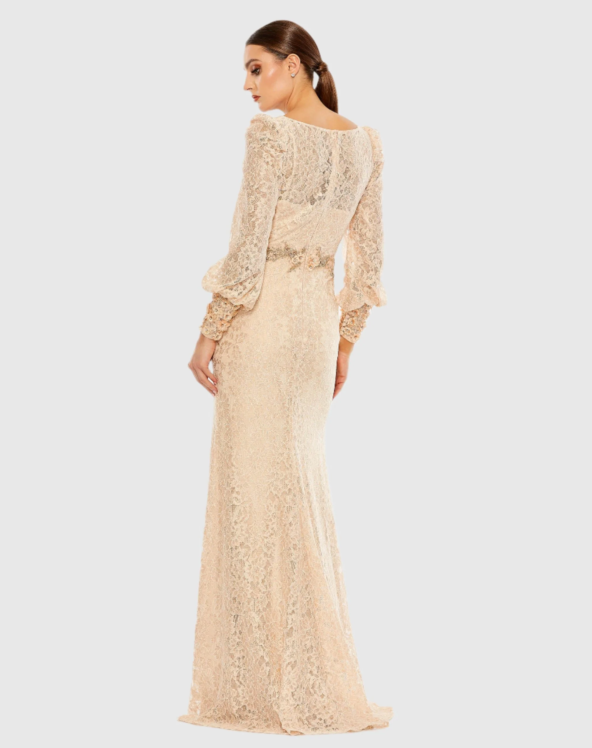 Pink Lace Long Sleeve V Neck Embellished Gown