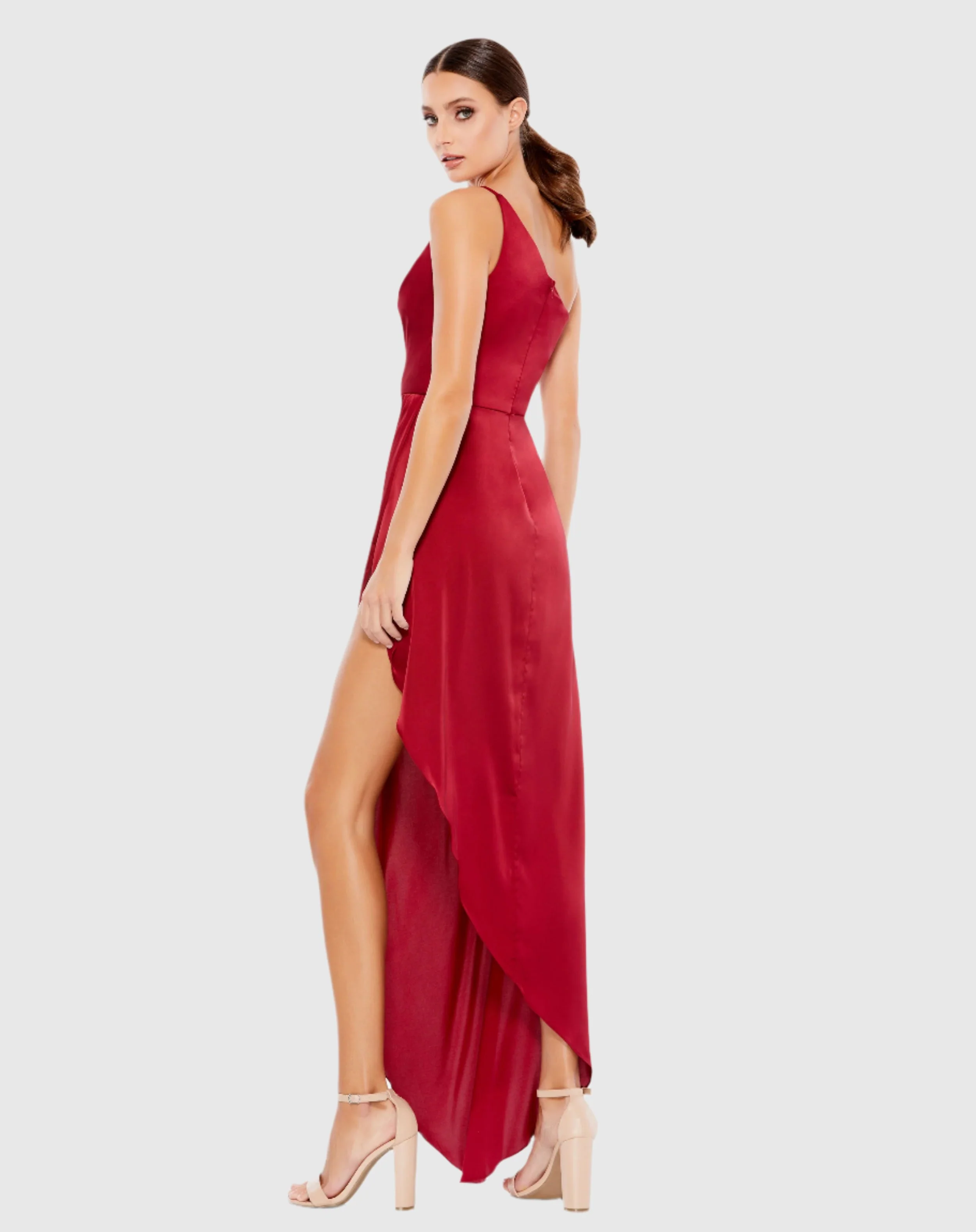 Red One Shoulder Hi-Low Draped Charmeuse Dress