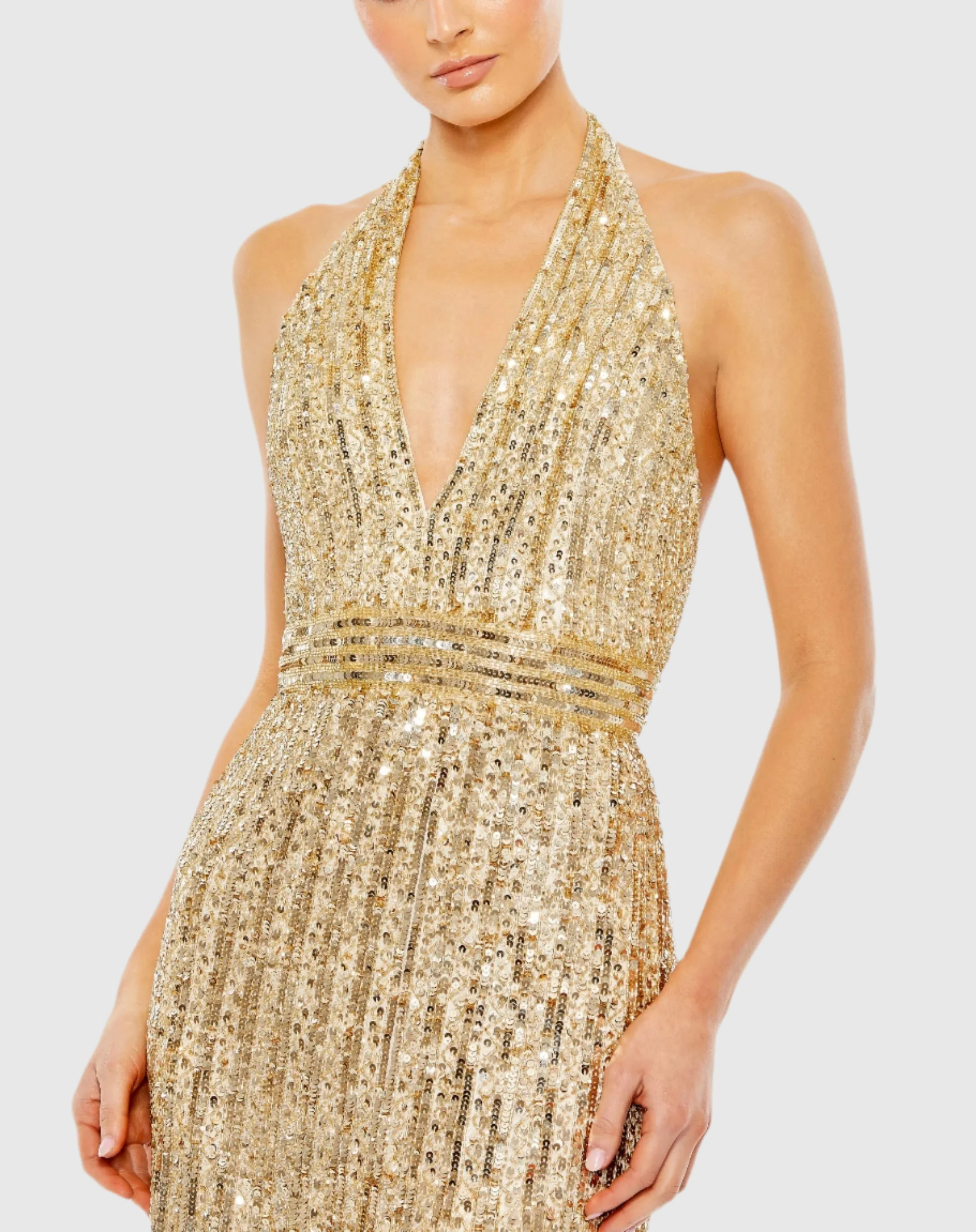 Gold Sequined Halter Strap Trumpet Gown