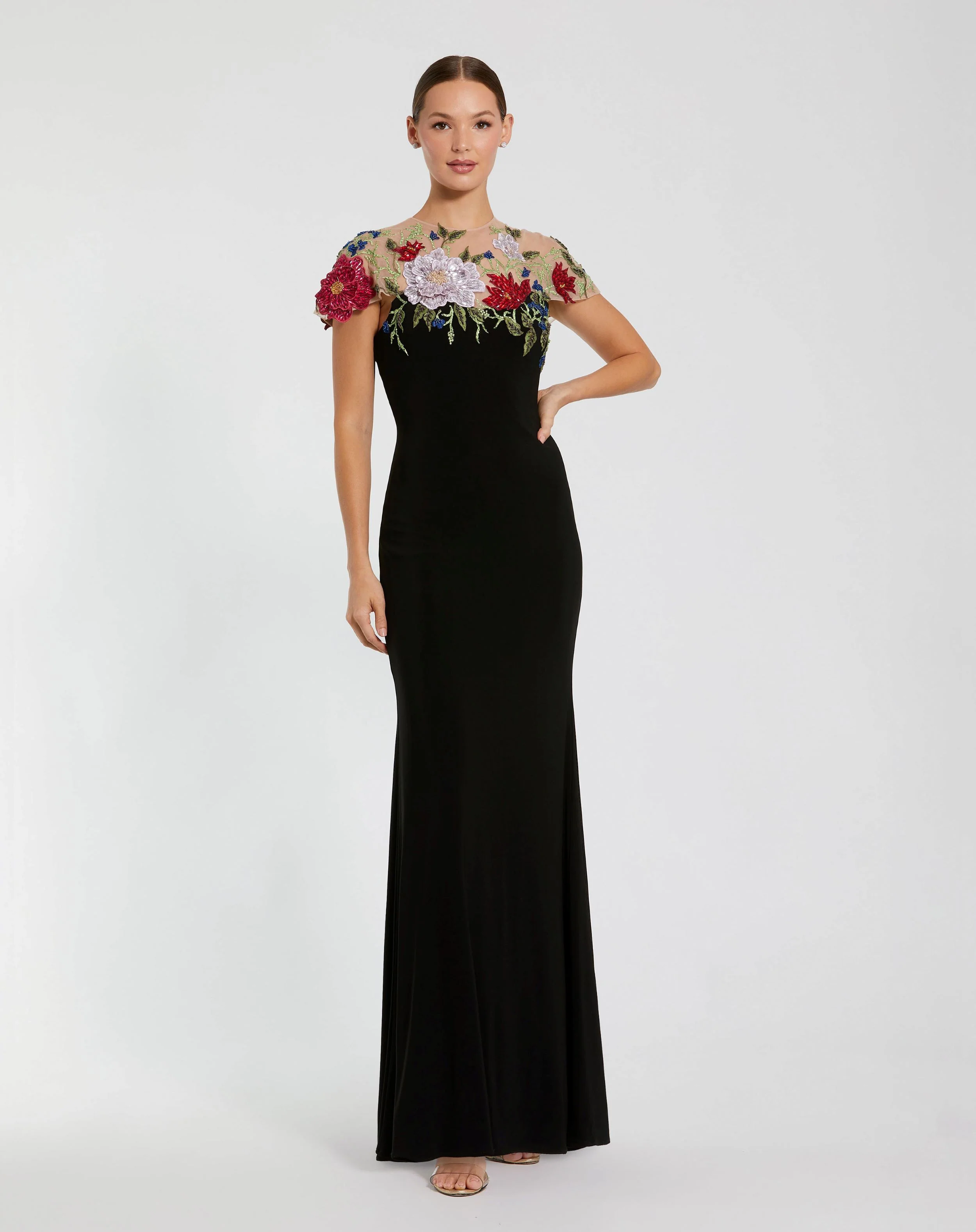 Black Floral Embellished Jersey Fitted Gown