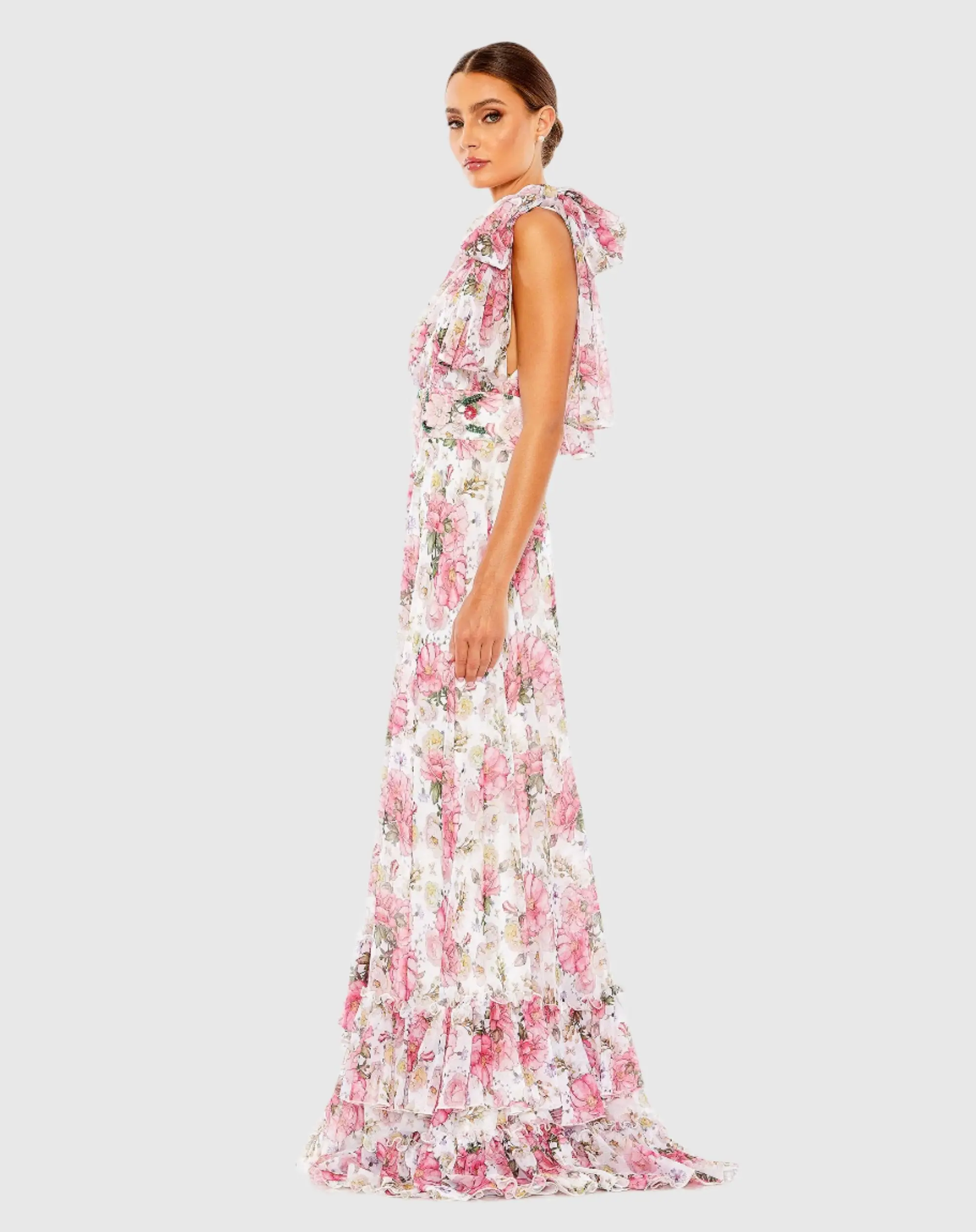 Soft Tie Sleeveless V Neck Tiered A Line Gown