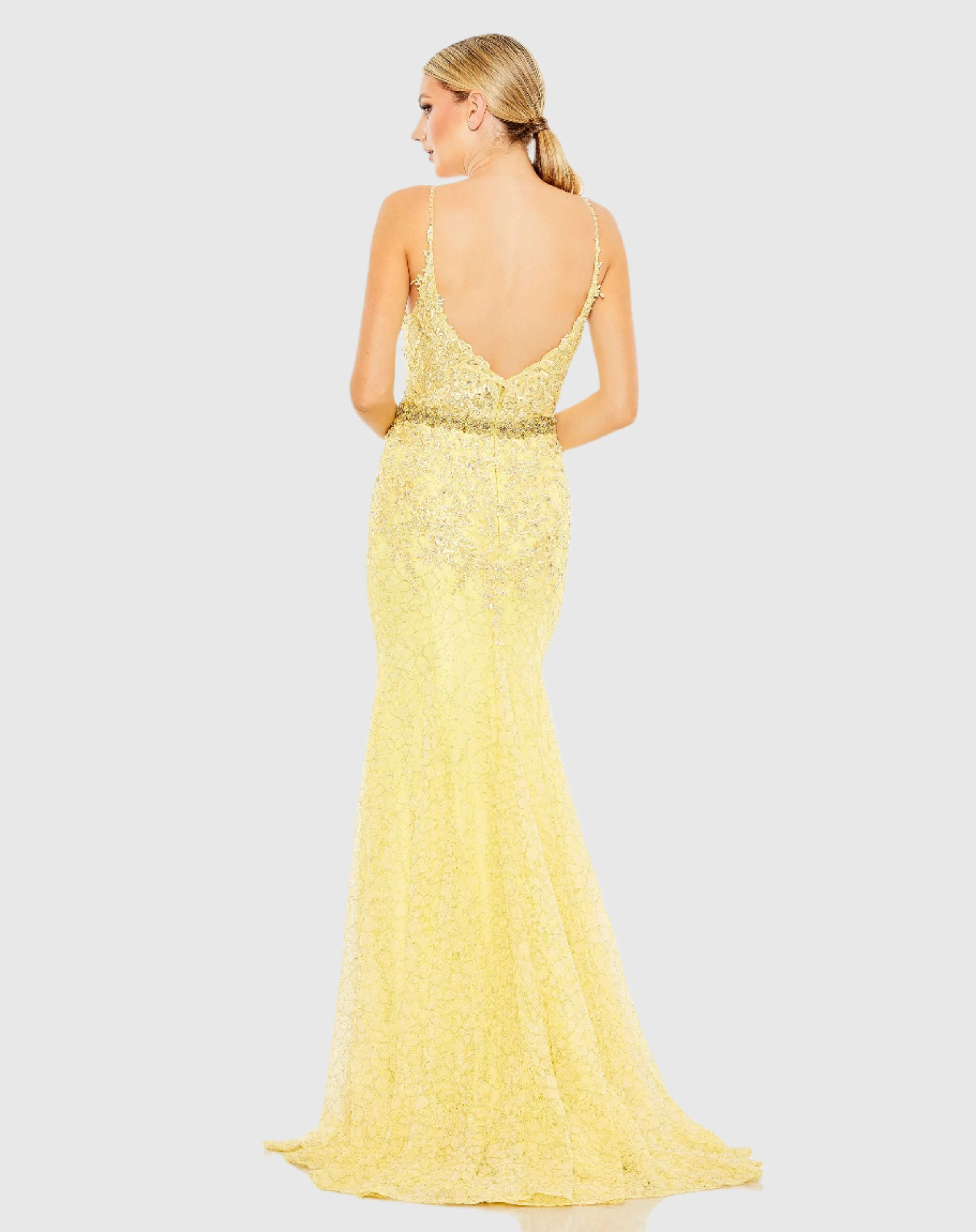 Yellow Applique Sleeveless Plunge Neck Trumpet Gown