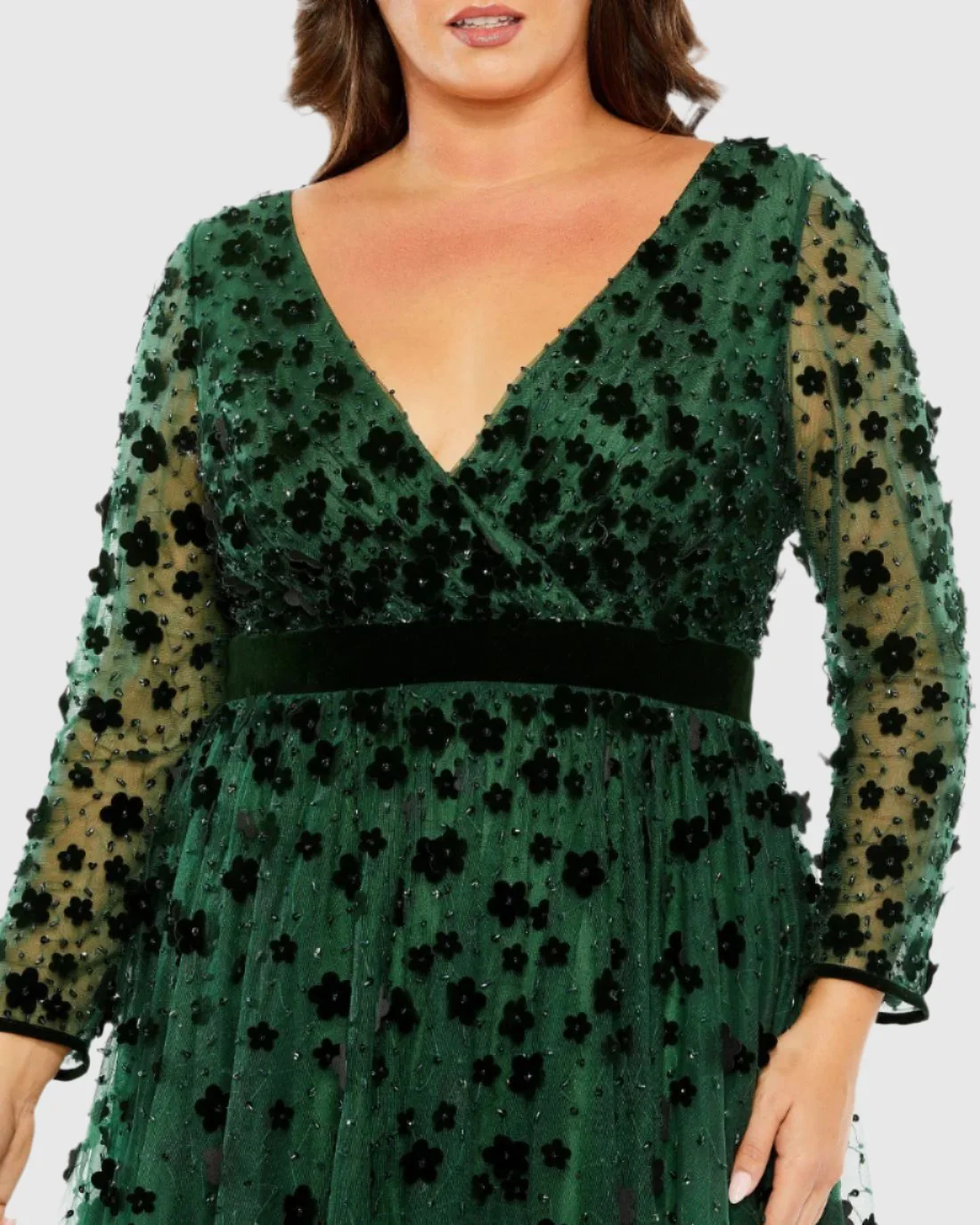 Green Floral Applique Long Sleeve A Line Gown