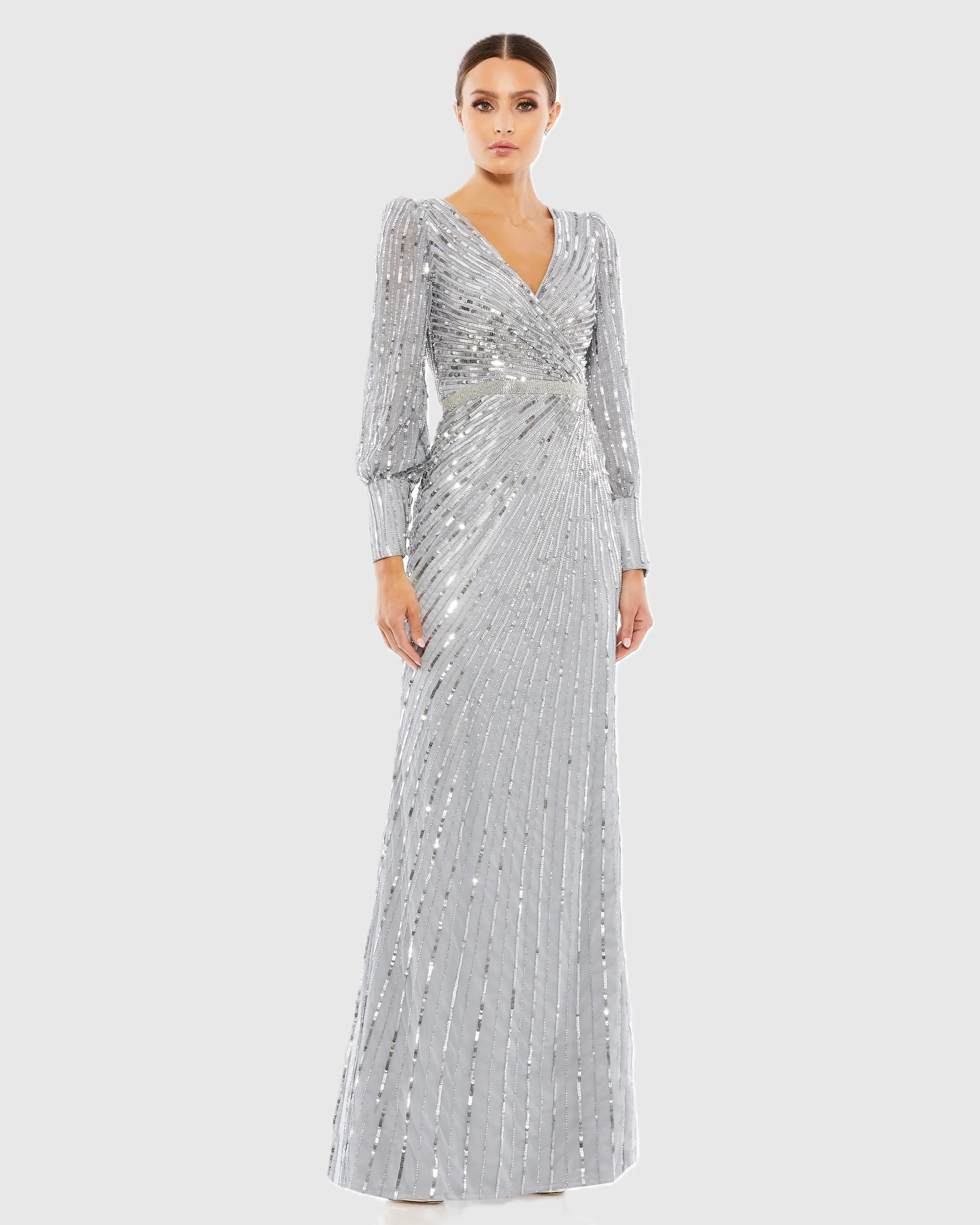 Silver Sequined Wrap Over Bishop Sleeve Gown