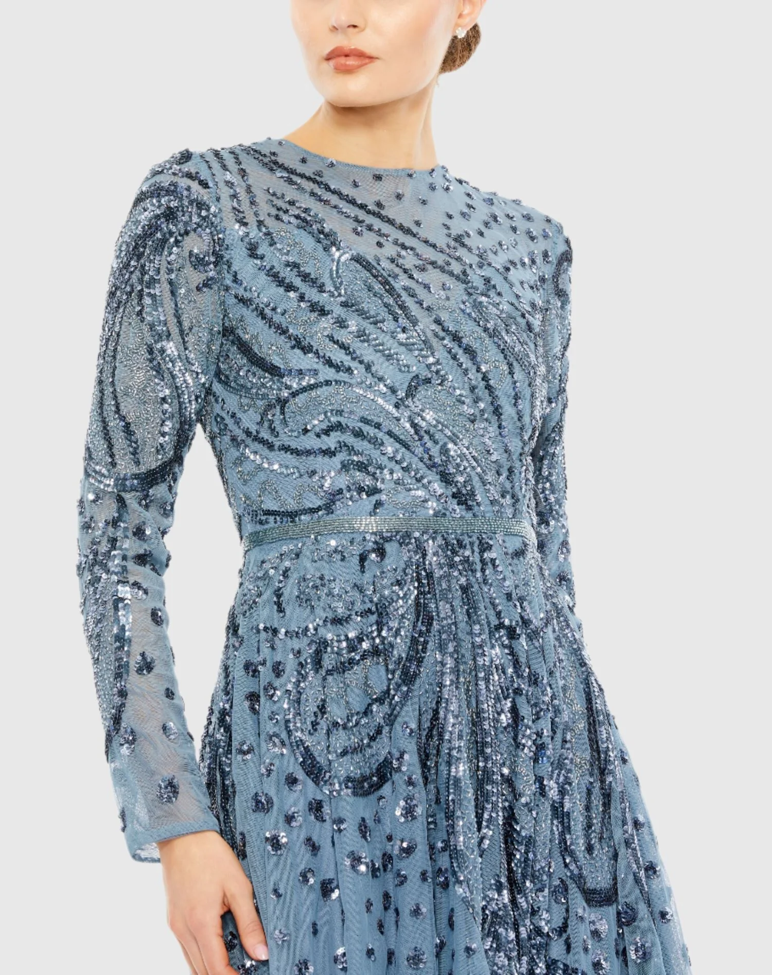 Blue Embellished Illusion High Neck Long Sleeve Dress