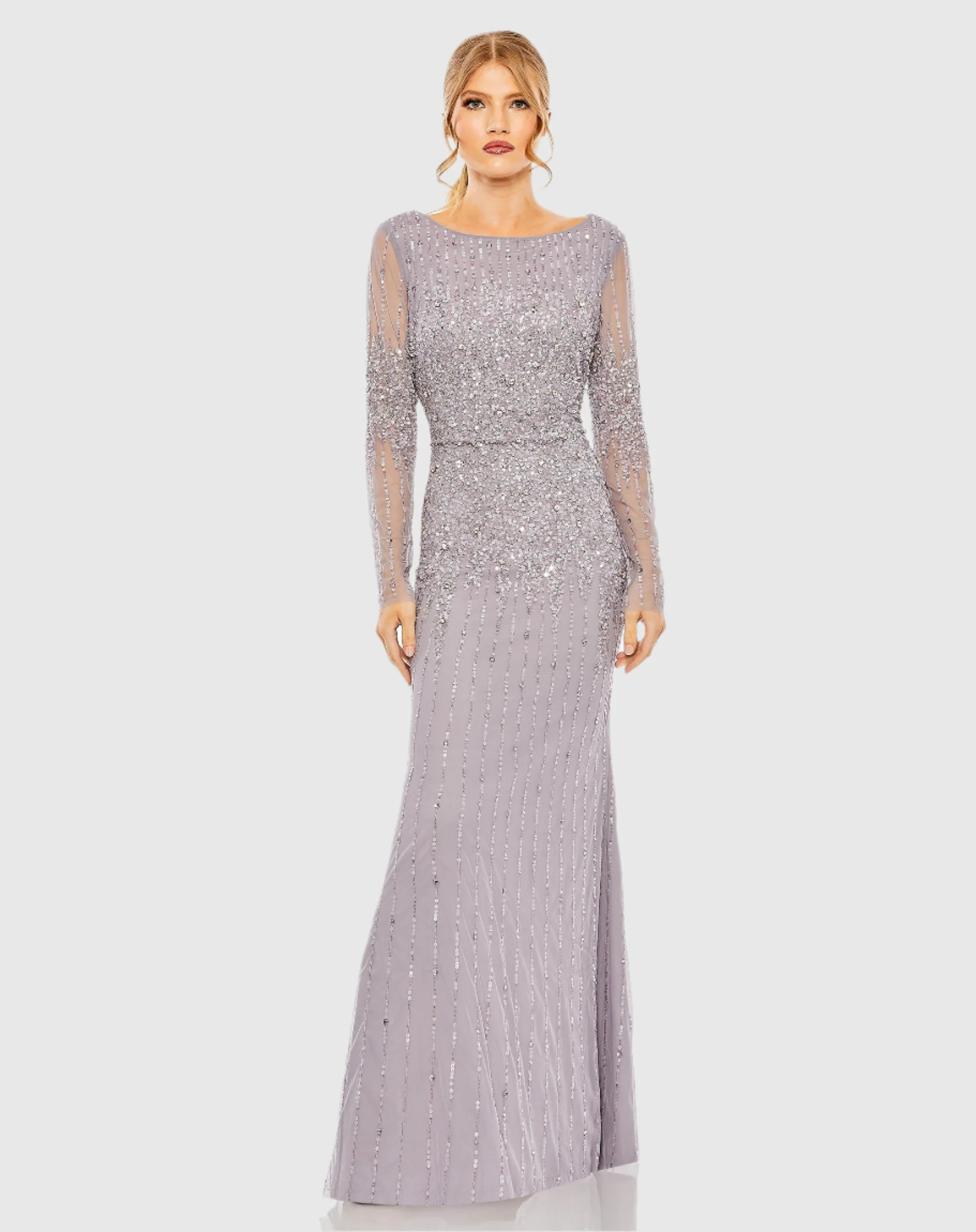 Purple High Neck Sequin Embellished Long Sleeve A Line Gown