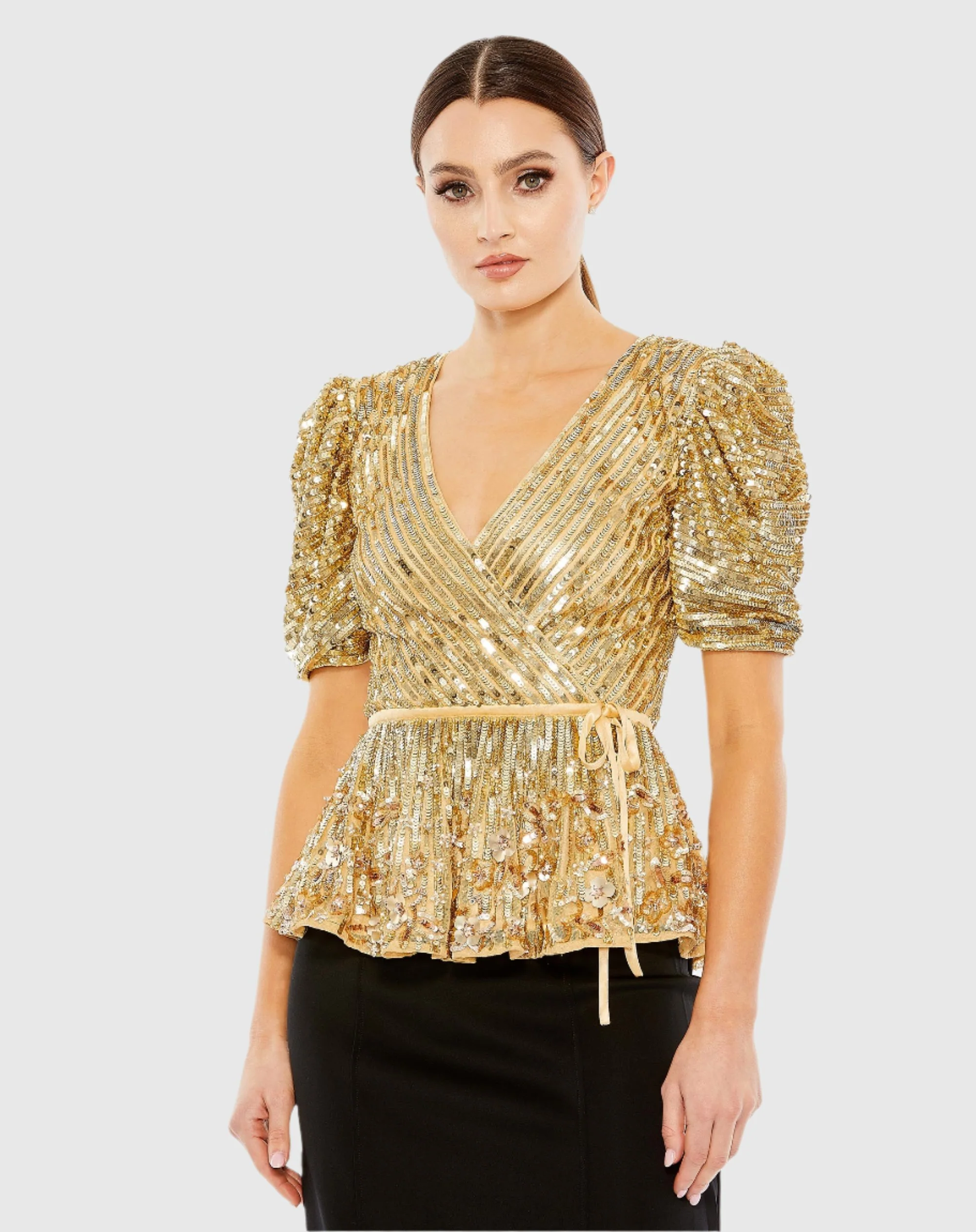 Sequined Puff Sleeve Faux Wrap Top - FINAL SALE