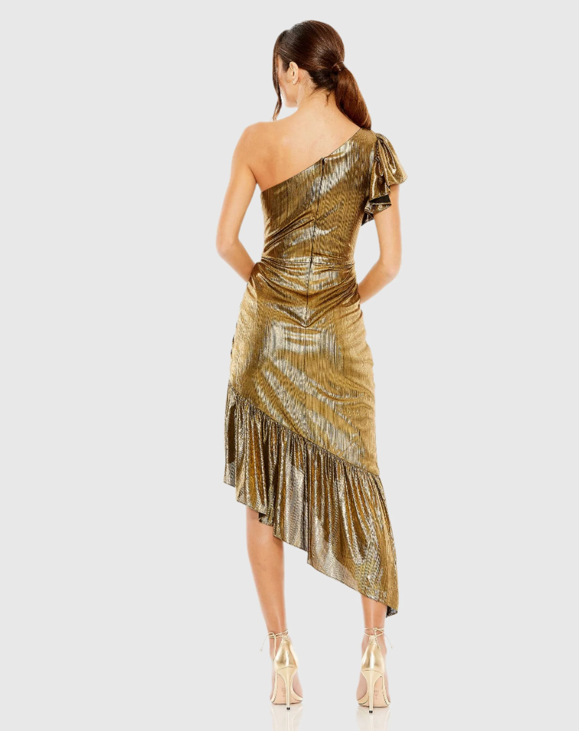 Gold One Shoulder Flutter Sleeve High Low Dress