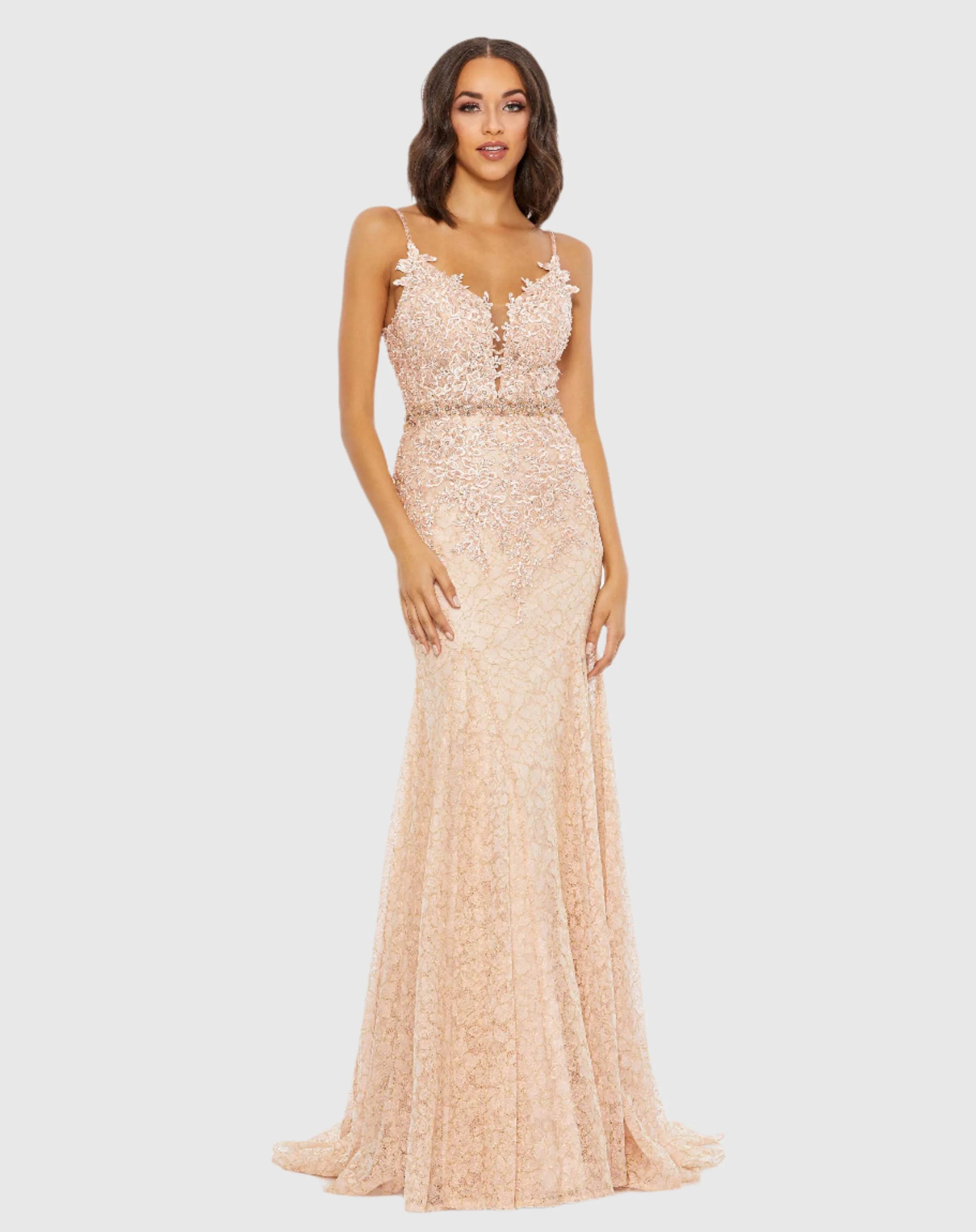 Pink Applique Sleeveless Plunge Neck Trumpet Gown
