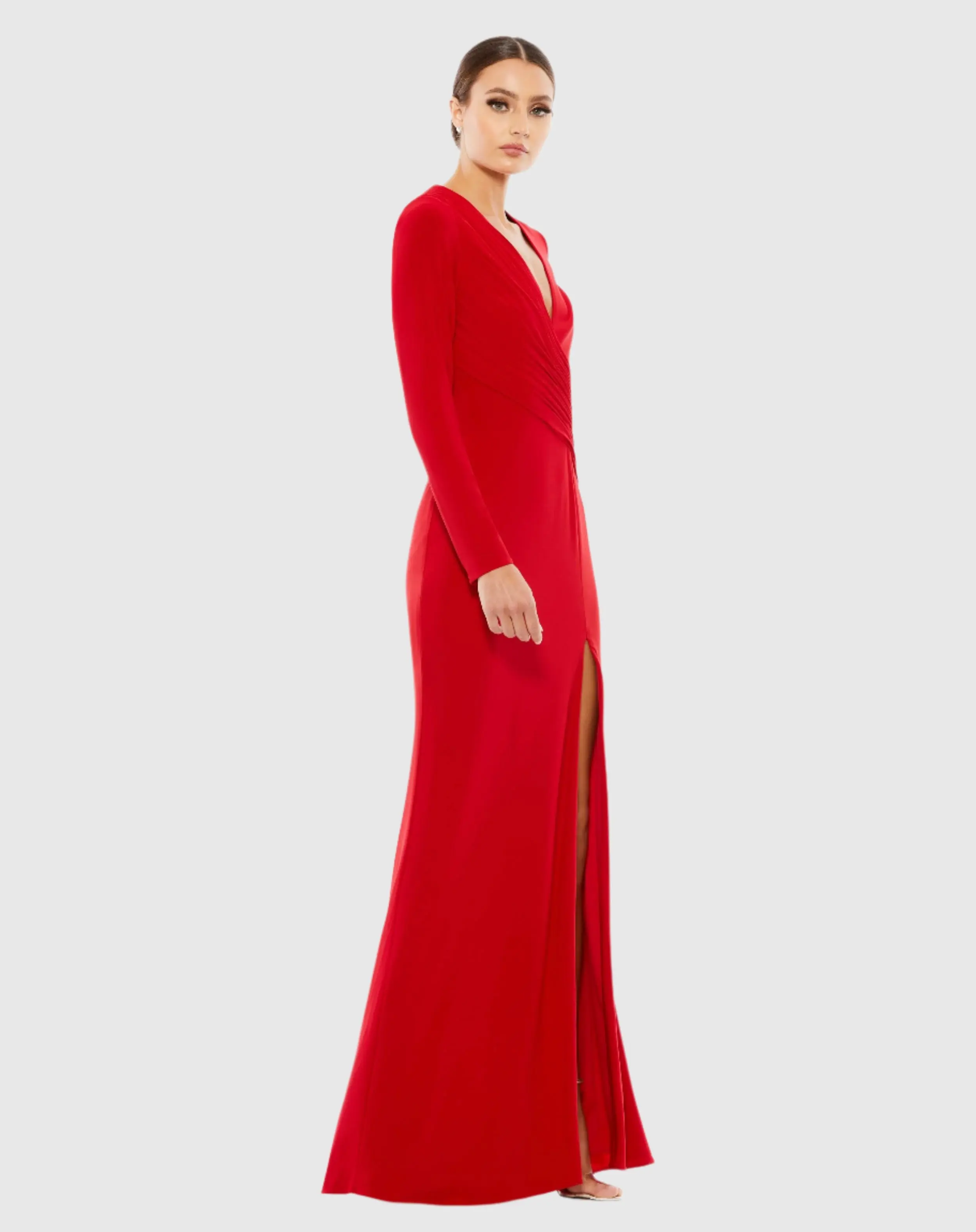 Red Jersey Long Sleeve Asymmetrical Ruched Gown