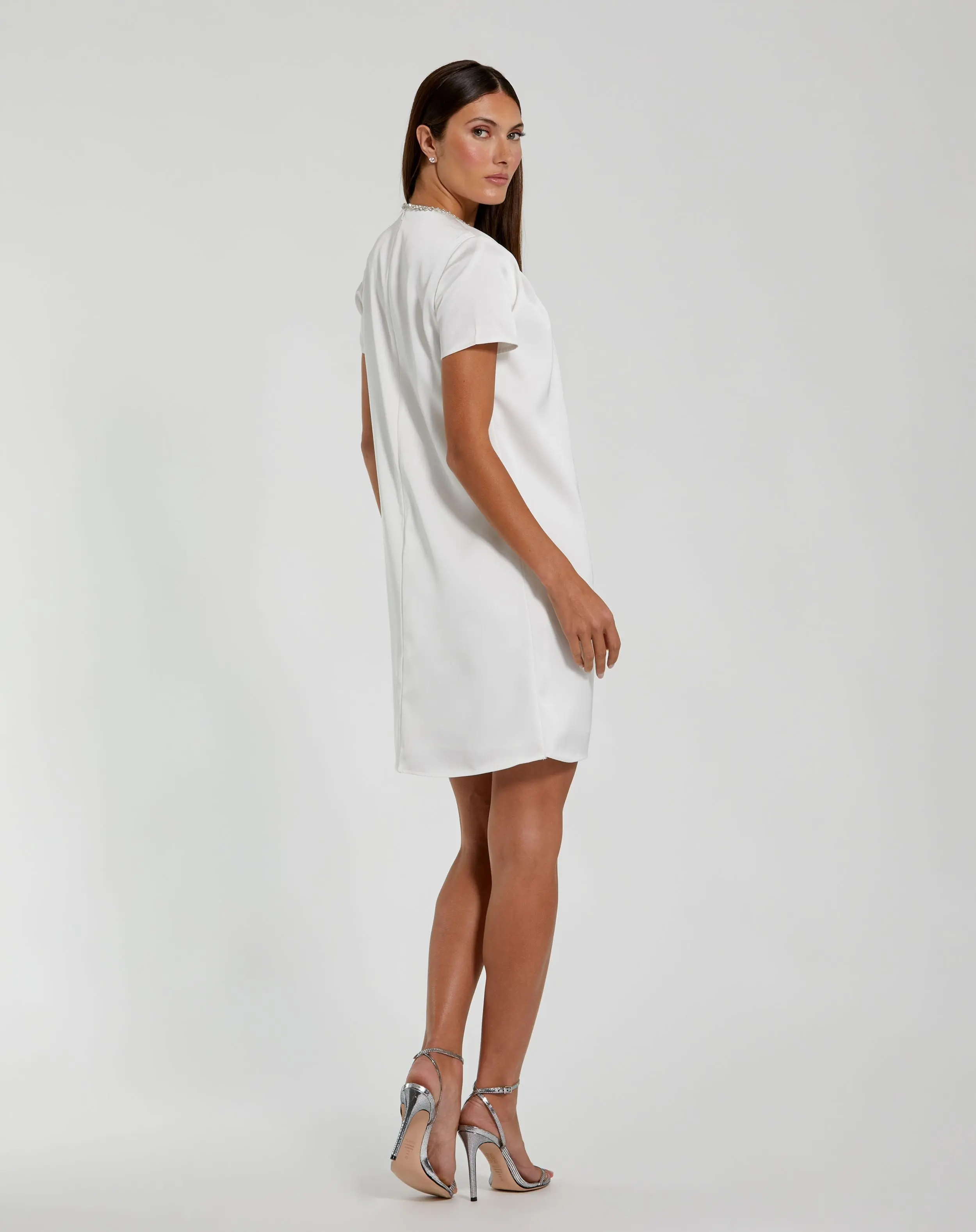 White Rhinestone Embellished Neckline Shift Dress