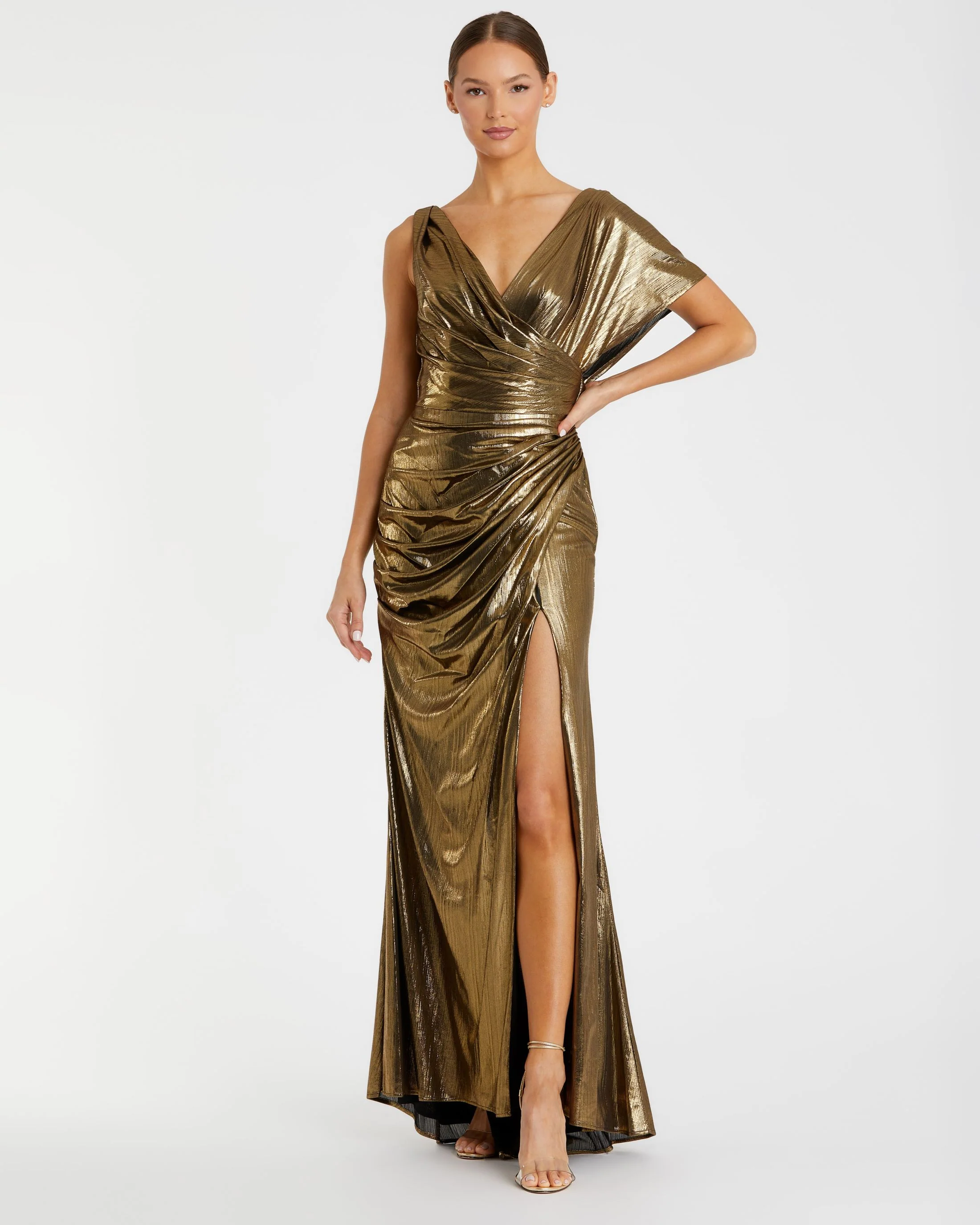 Asymmetrical Draped  MetallicTrumpet Gown
