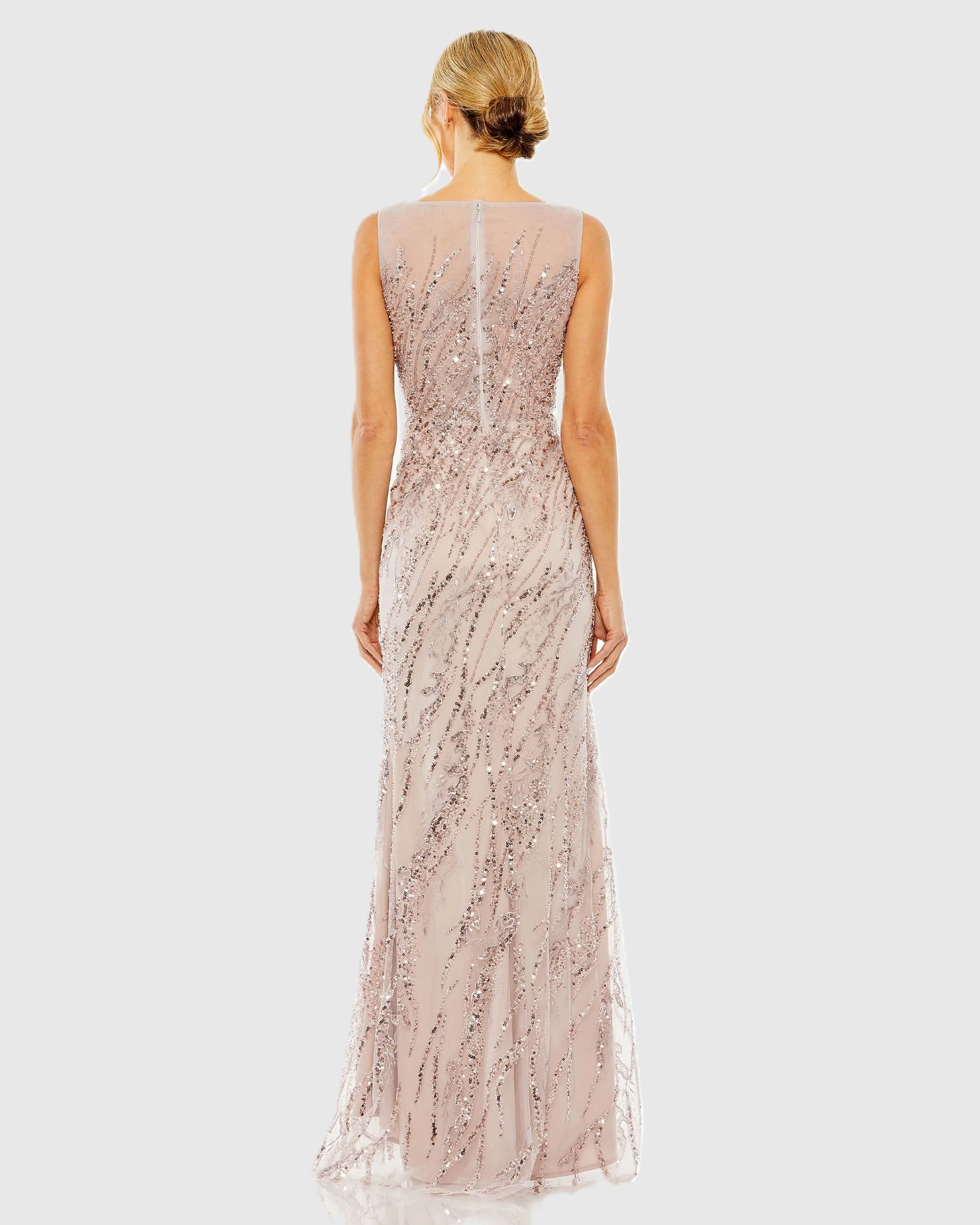 Sleeveless Boat Neck Sequin Beaded Gown