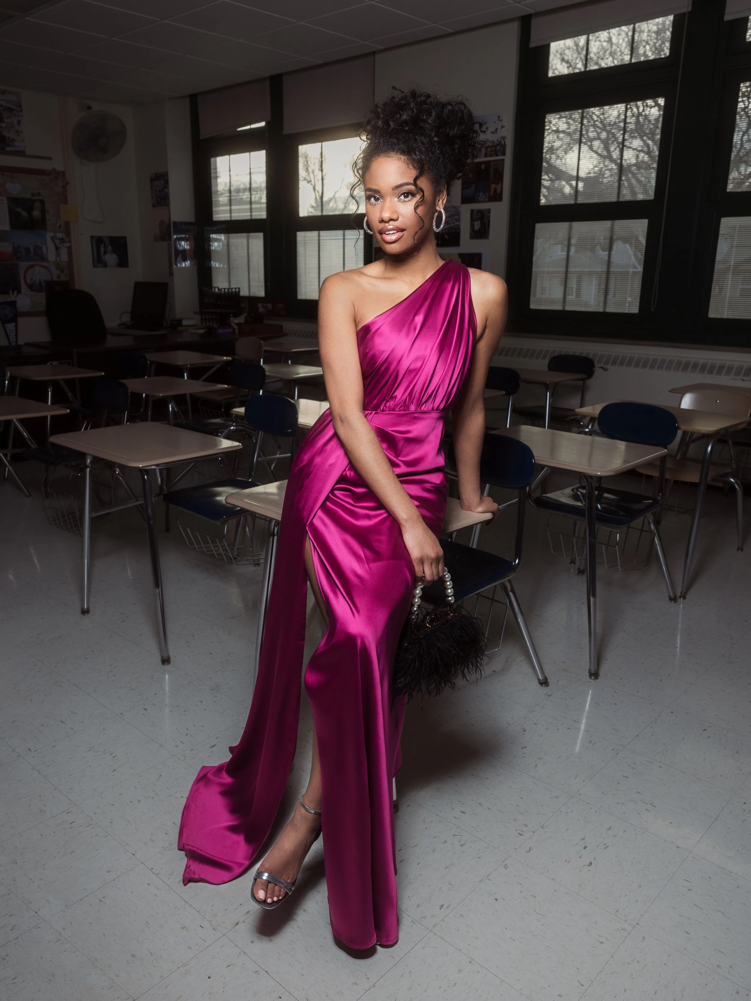 Purple Gathered One Shoulder Satin Faux Wrap Gown