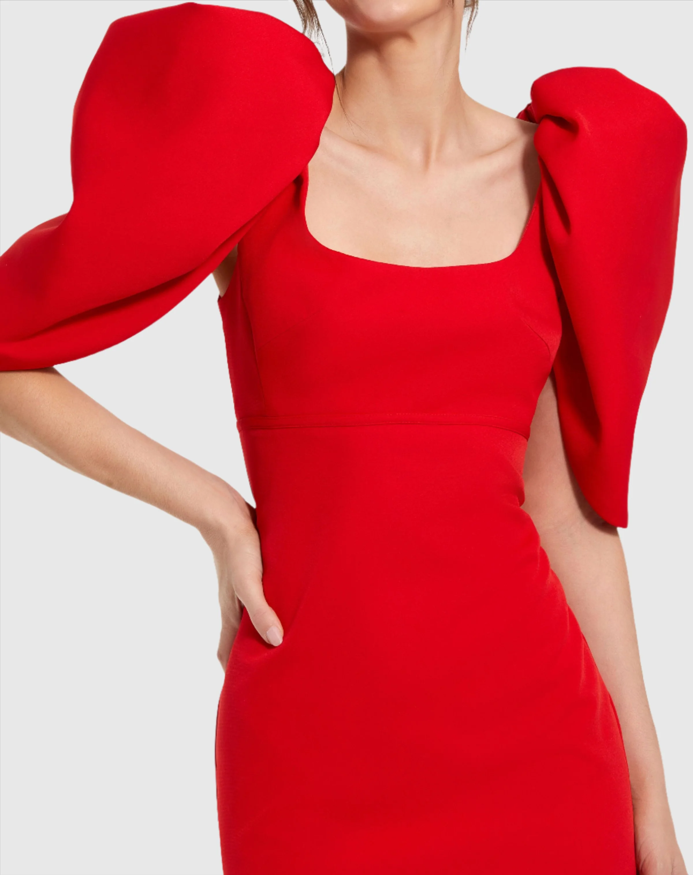 Red Fitted Crepe Scoop Neck Gown With Puff Sleeves