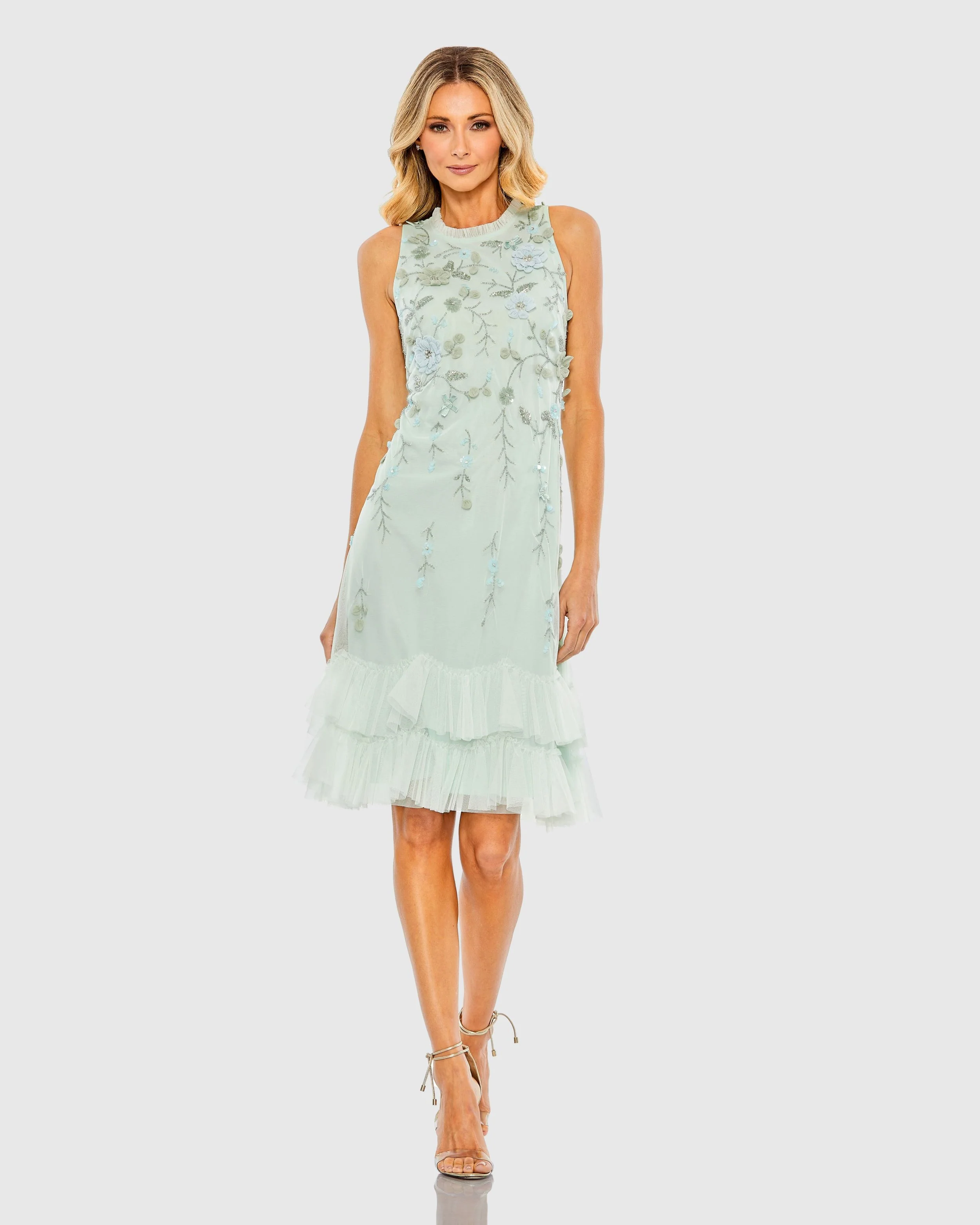 Green Floral Embellished Ruffle Tiered High Neck Dress