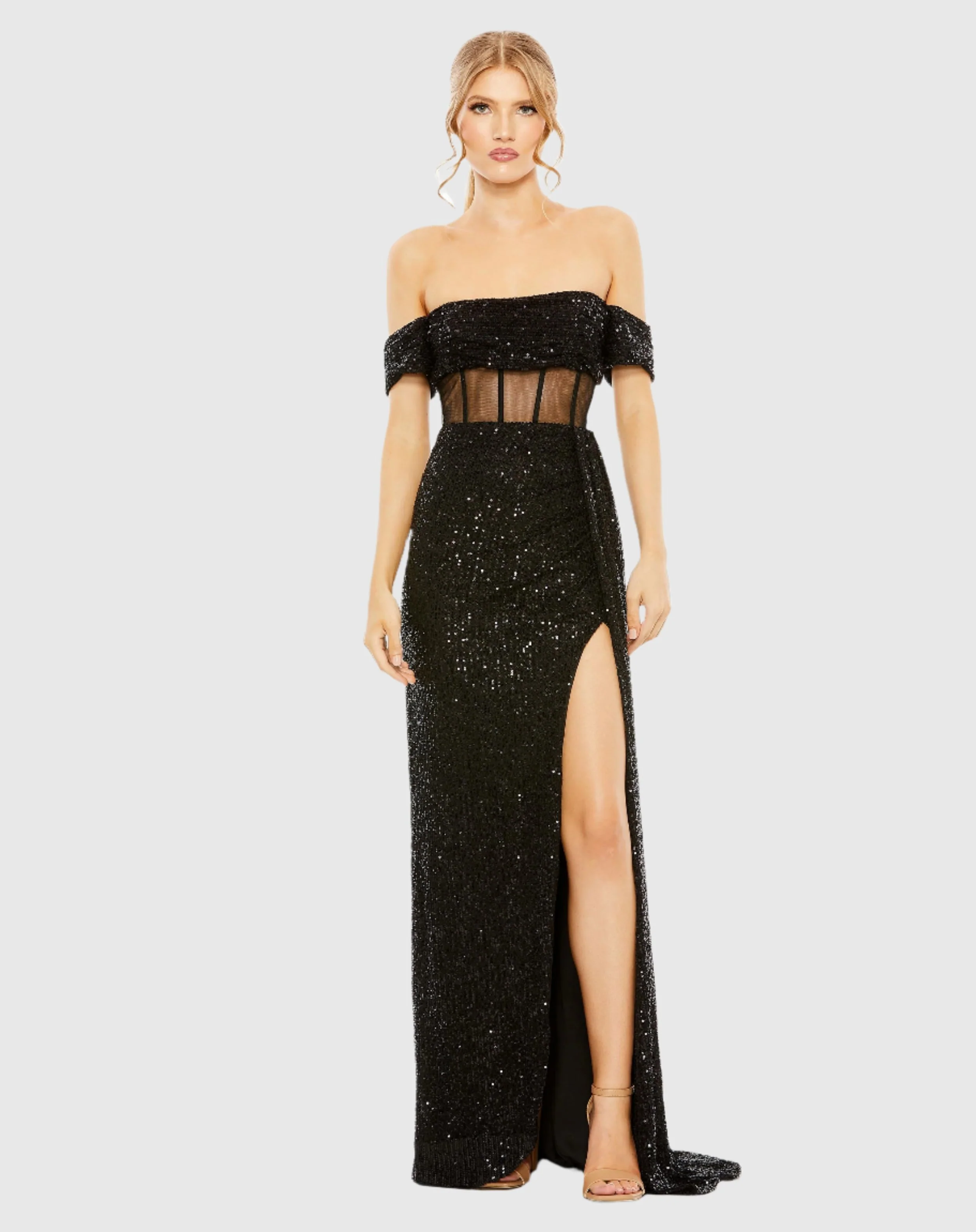 Black Sequined Gown with Sheer Corset Waist and Slit