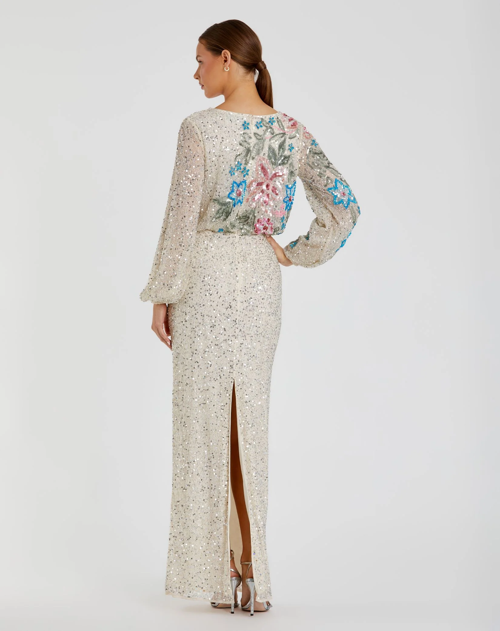 Beige Embellished Floral High Neck Gown