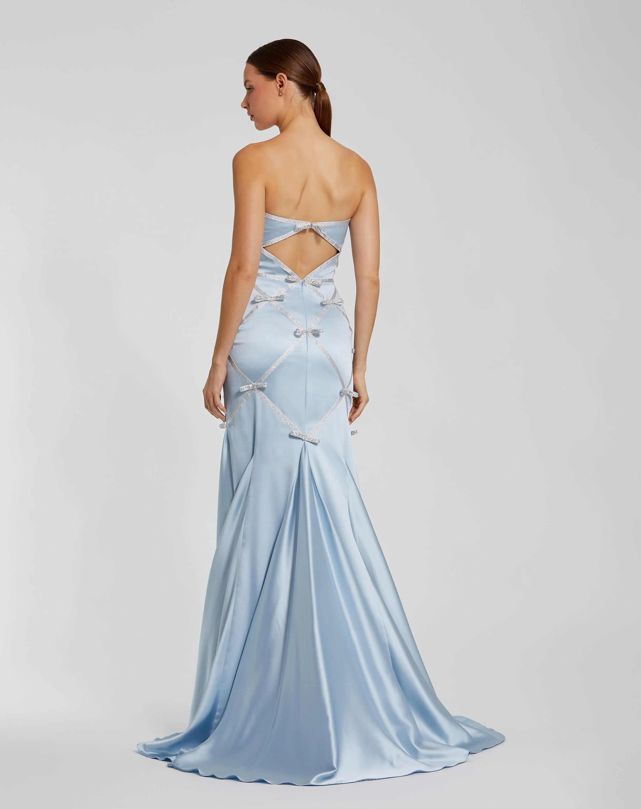 Blue Strapless Satin Mermaid Gown With Bow Details