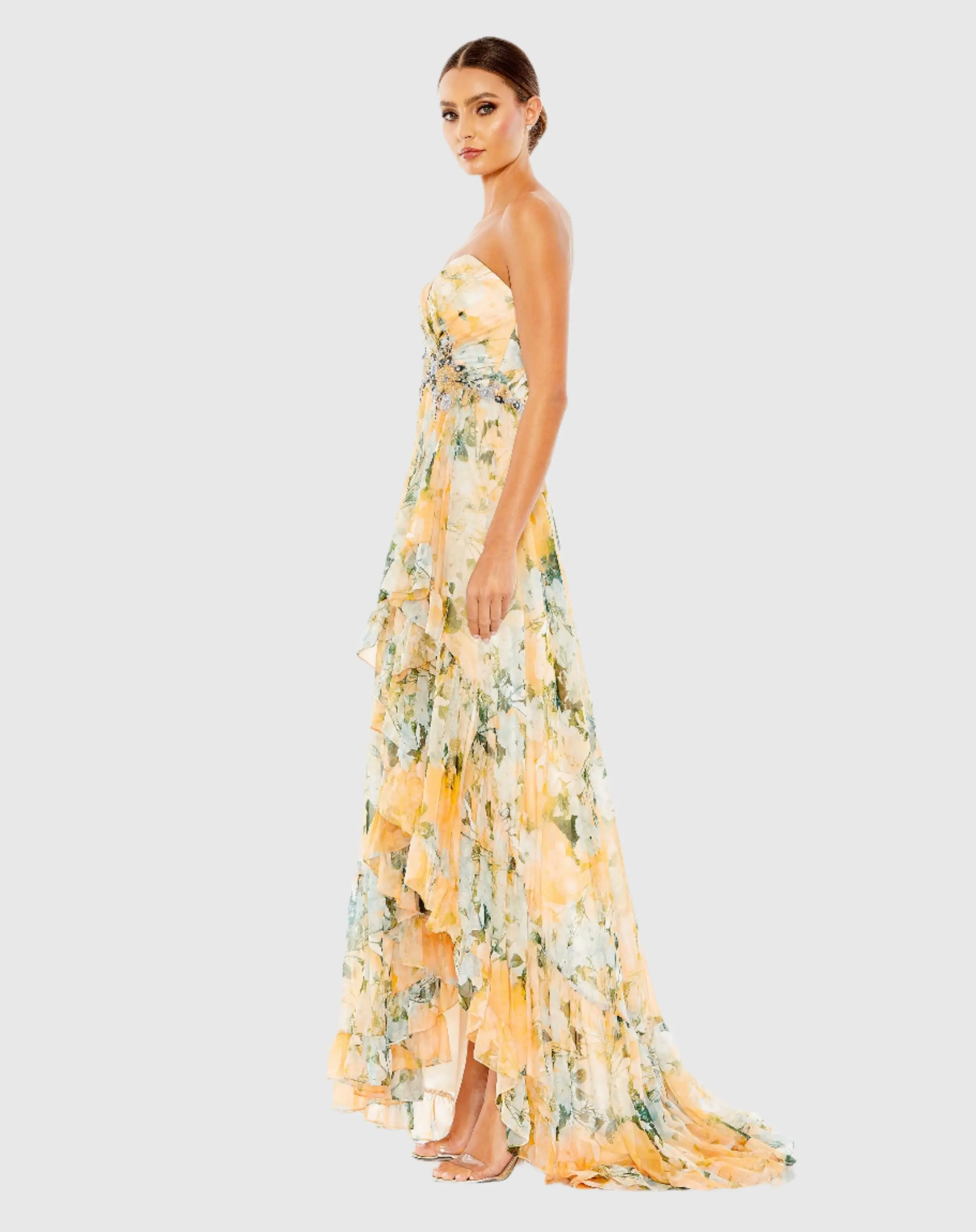 Ruffled Asymmetrical Hem Strapless Gown