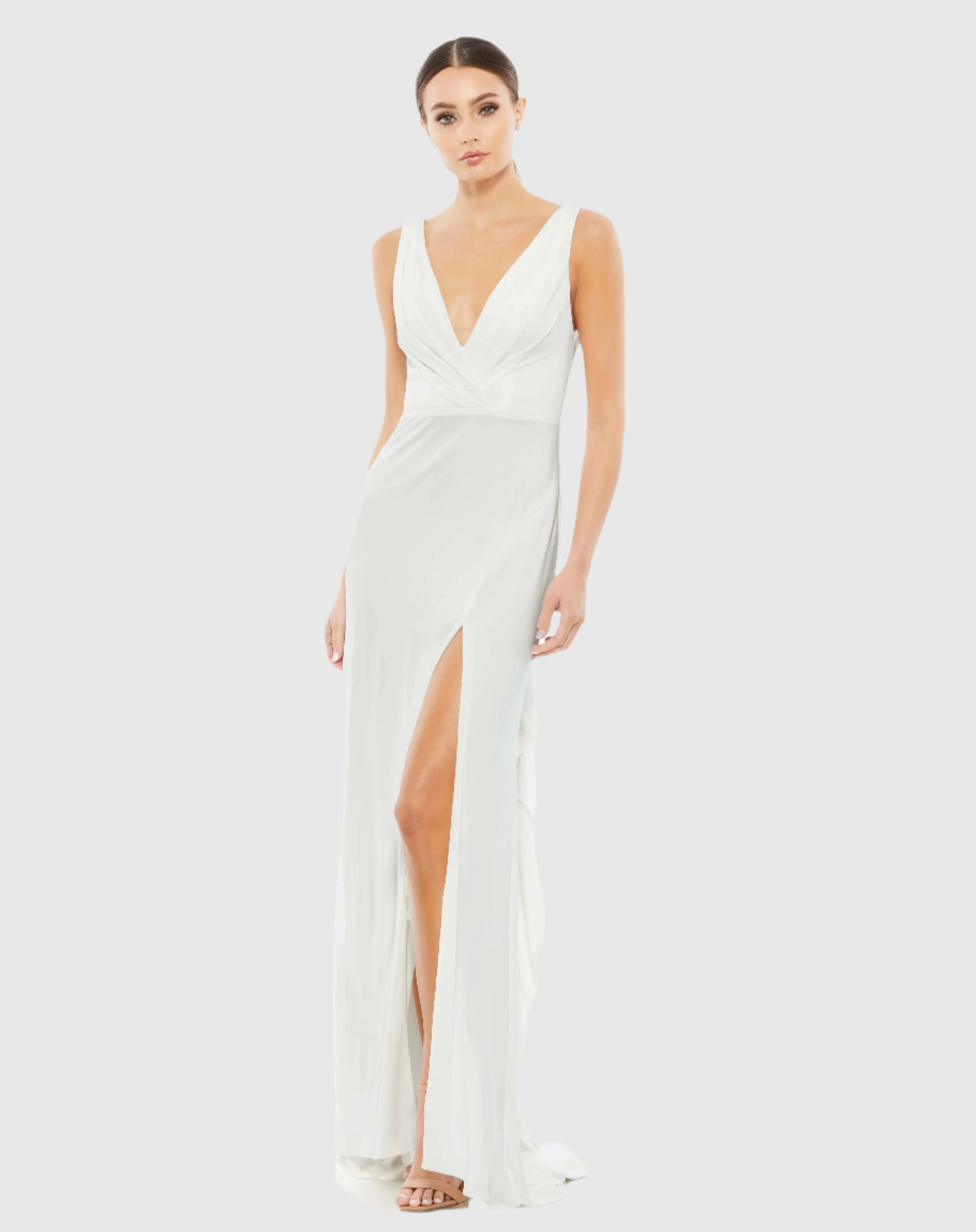 White Sleeveless V Neck Jersey Gown - FINAL SALE