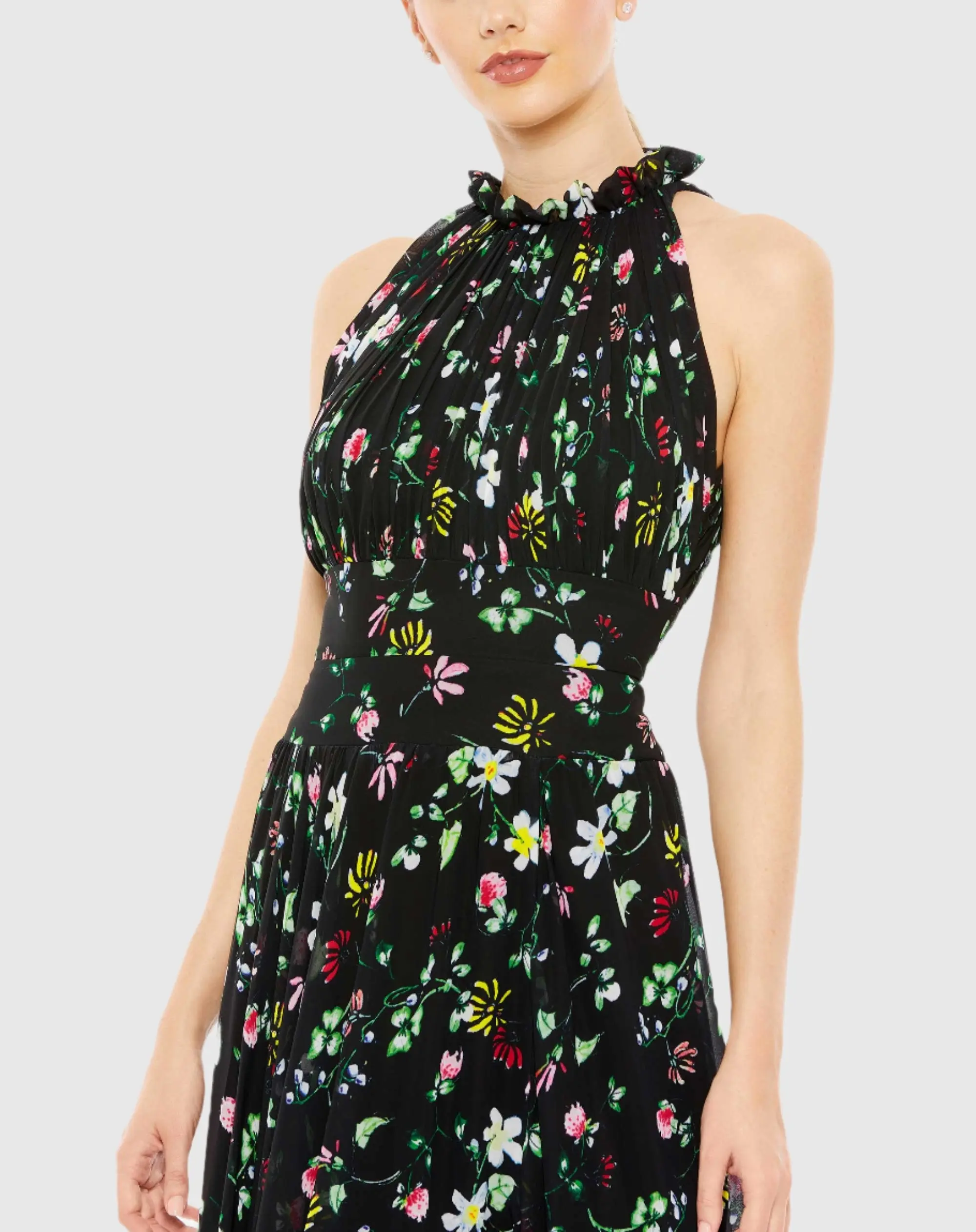 Black Floral Print Asymmetrical Ruffle Slit Halter Gown