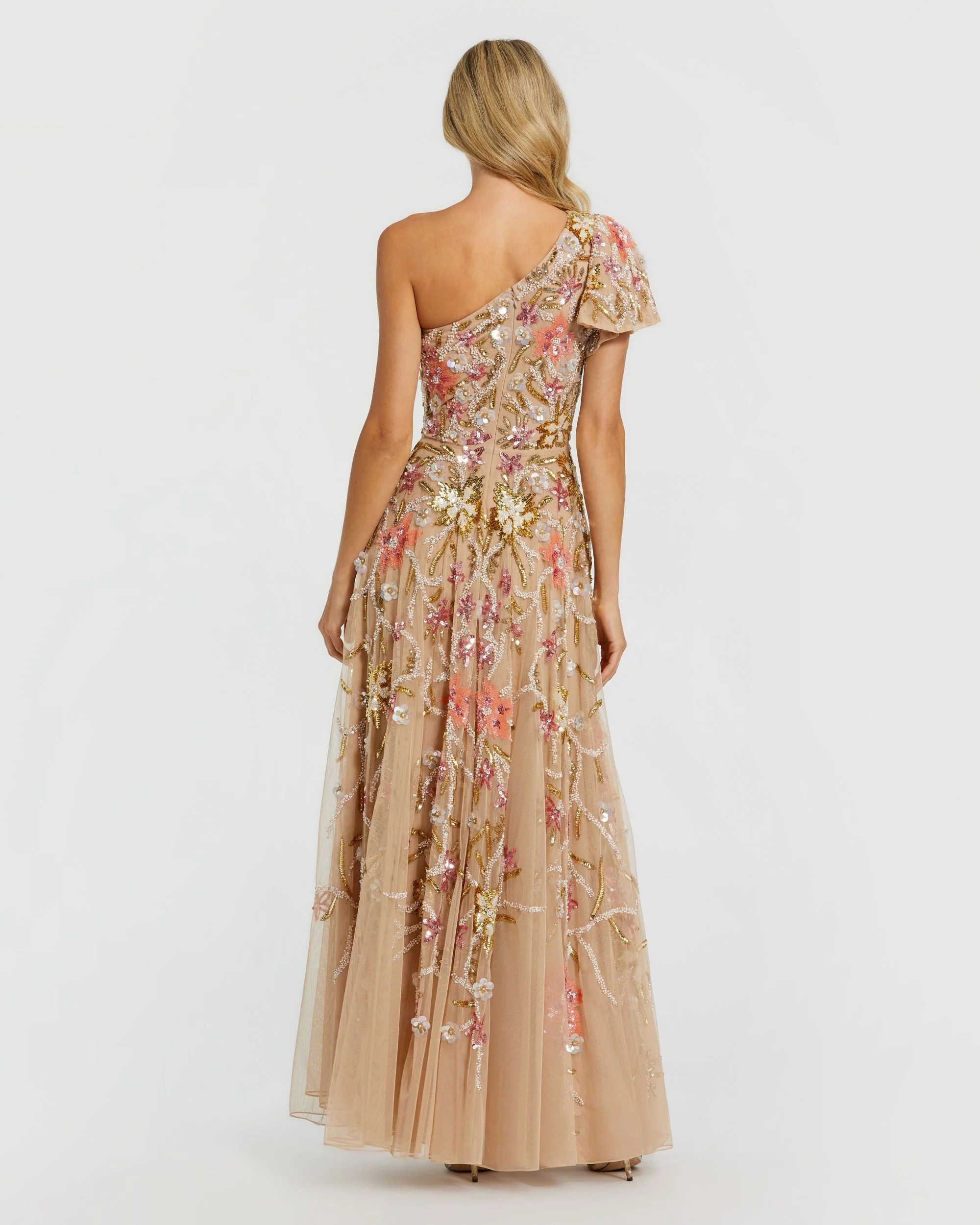 Gold One Shoulder Floral Embellished Gown