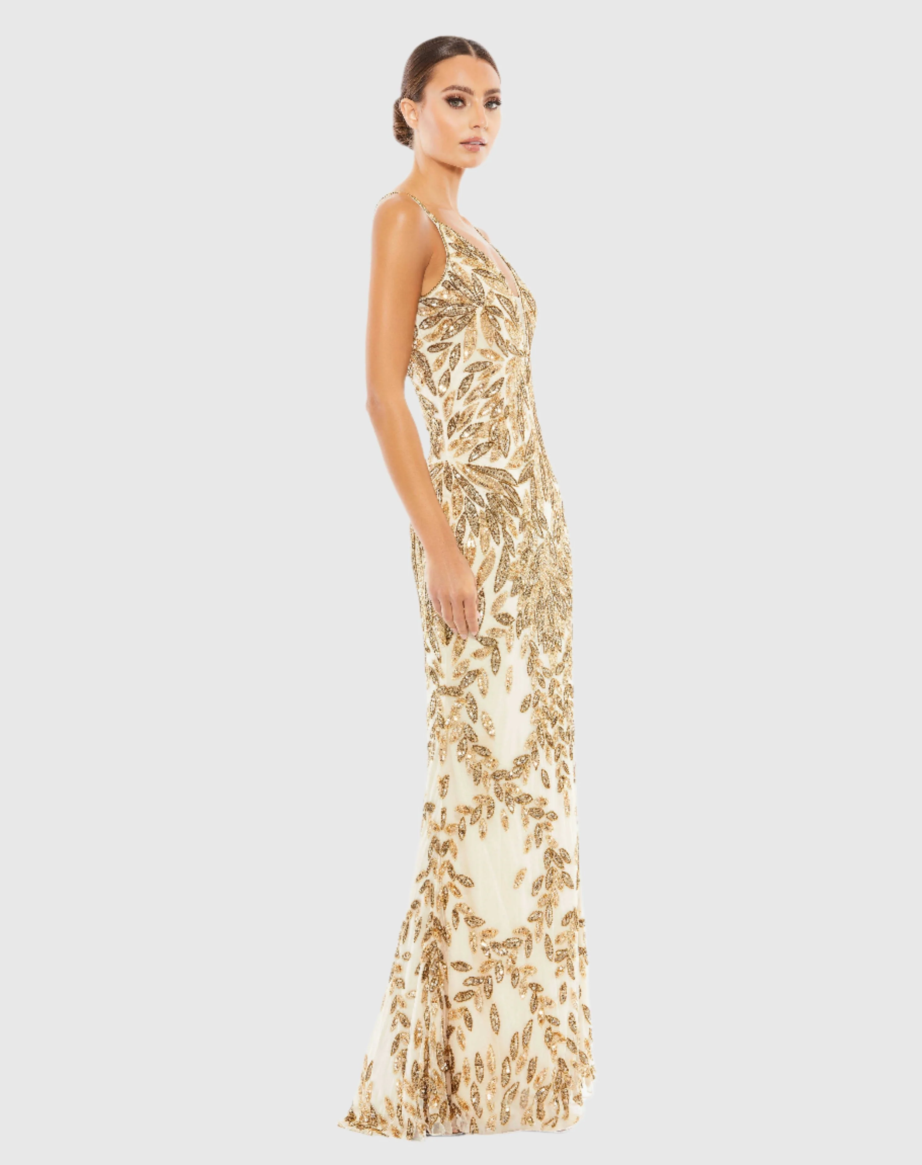 Gold Embellished Leaf Evening Gown
