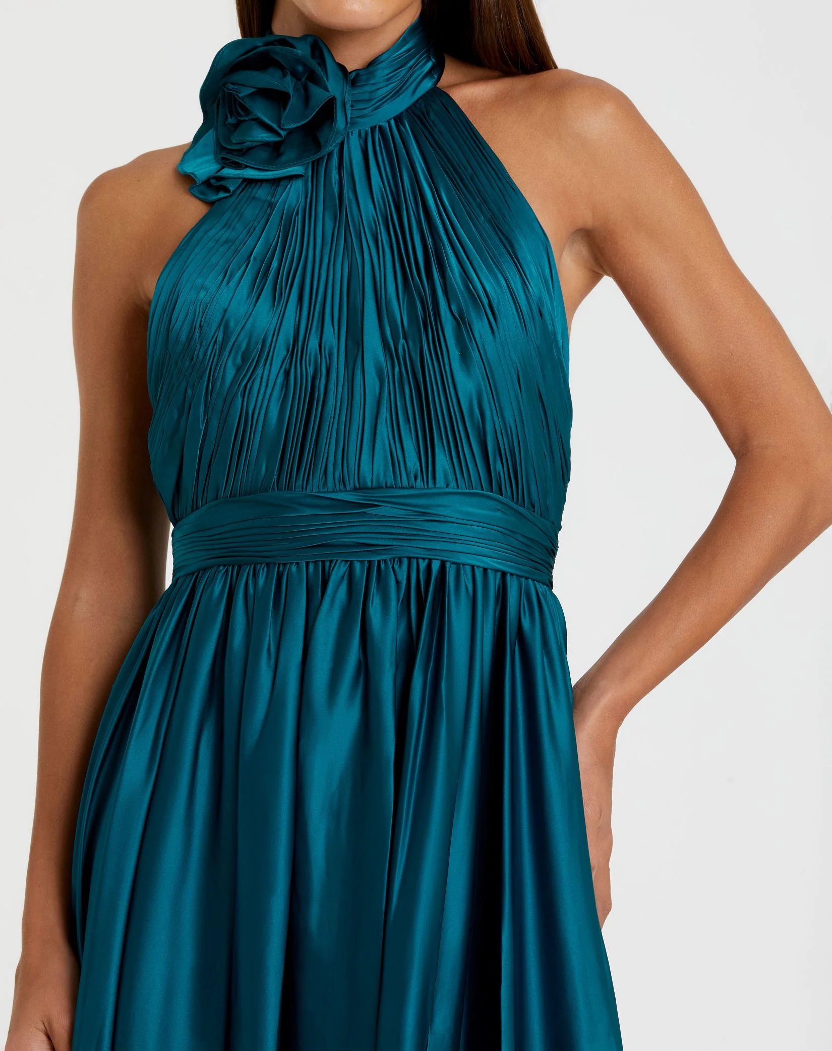 Teal Pleated Charmeuse High Neck Sleeveless Midi Dress