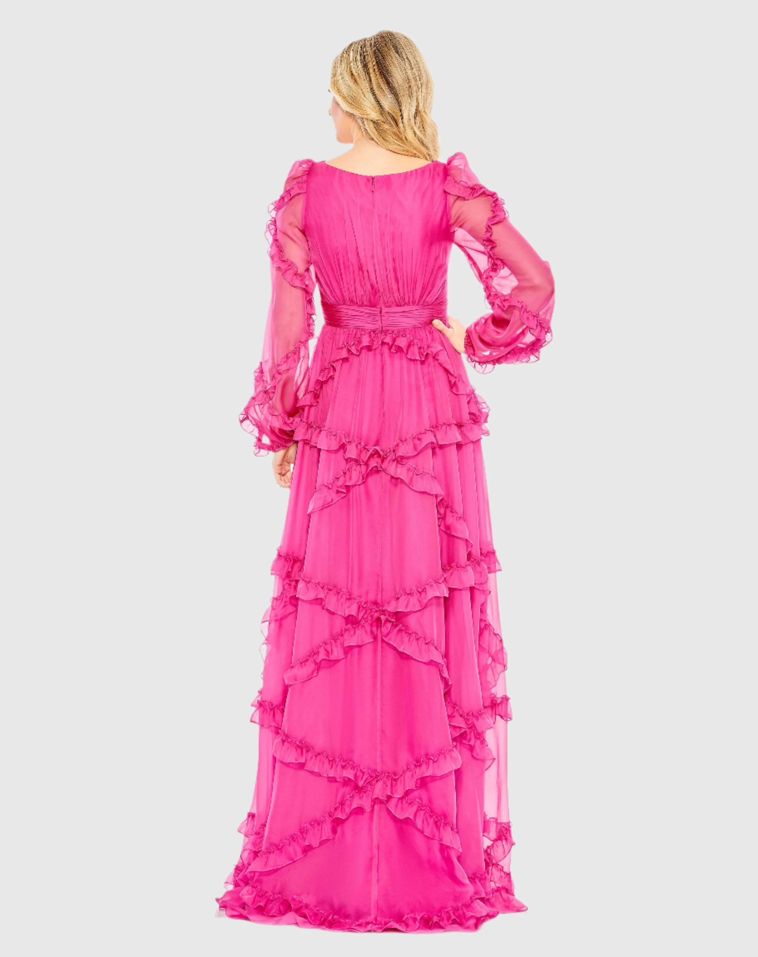 Pink Cascade Ruffle Puff Sleeve A Line Gown
