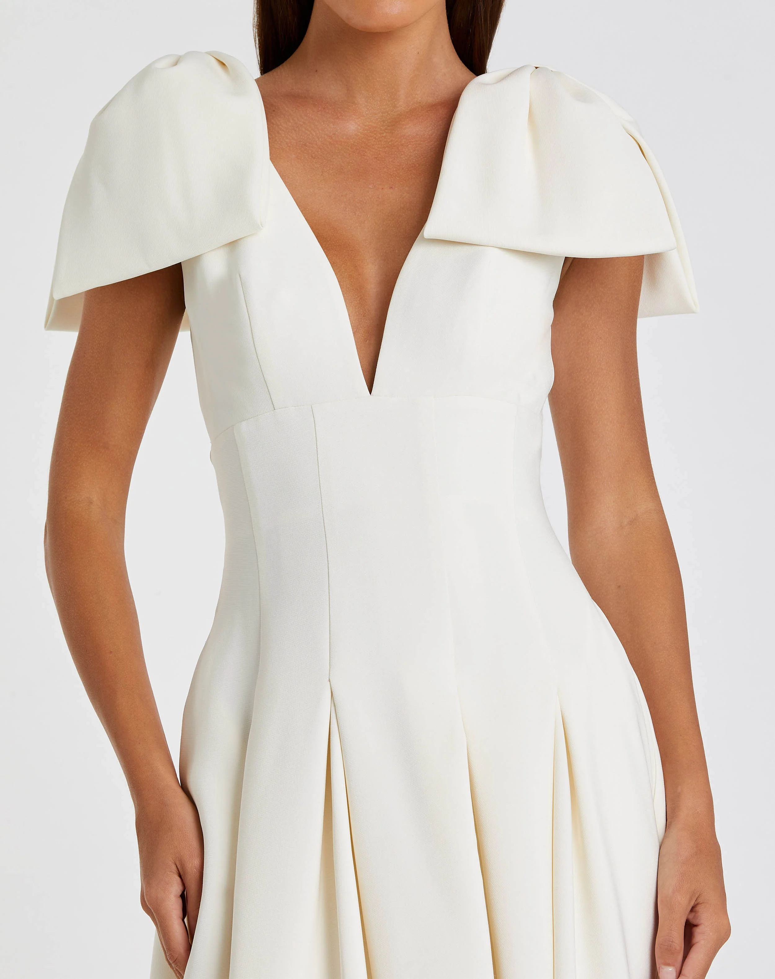 White Crepe A Line Midi Dress With Bow Straps