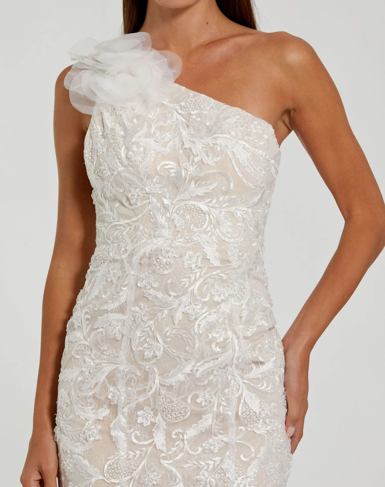 White Beaded Strappy One Shoulder Petal Mermaid Gown