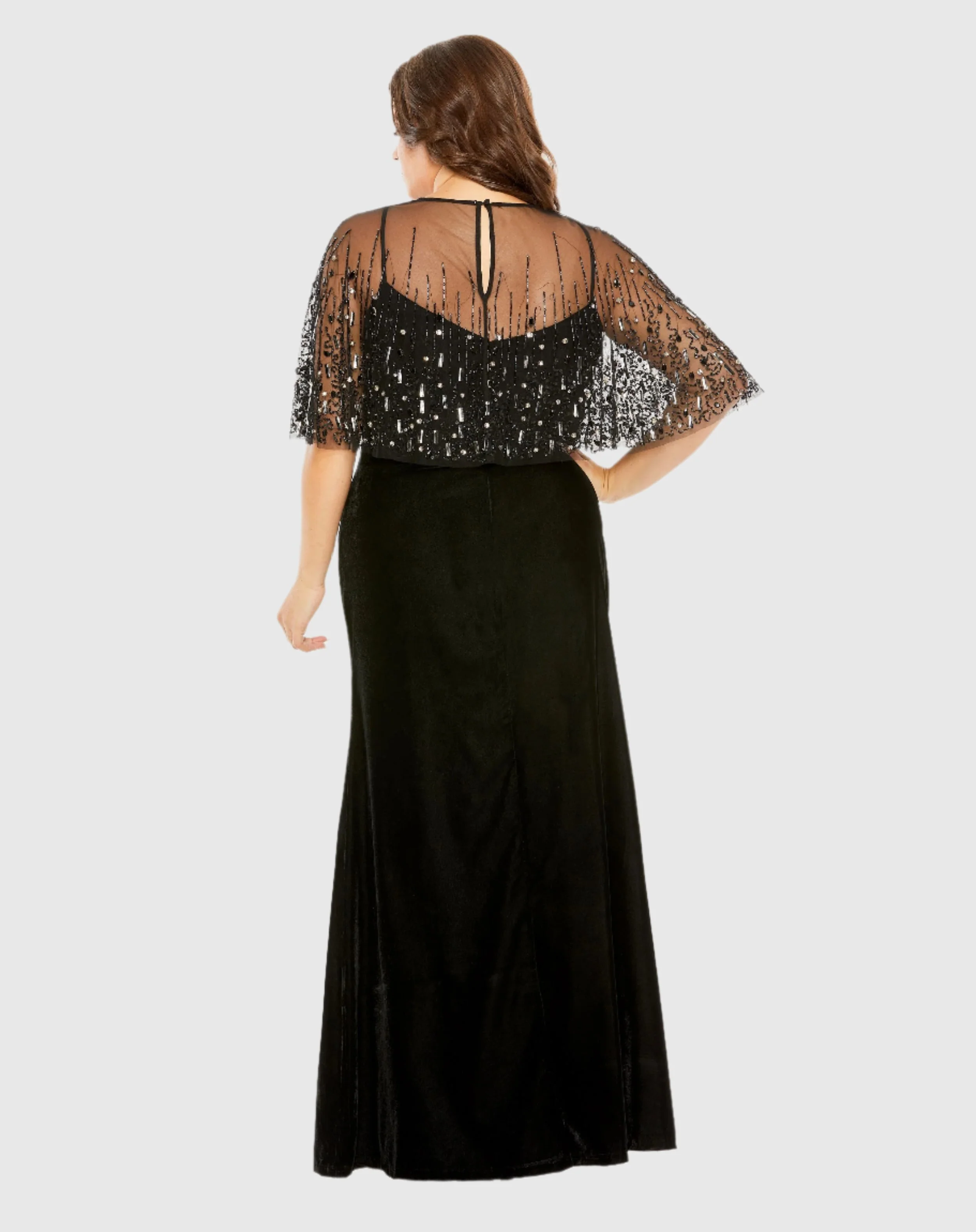 Sleeveless Velvet Gown With Embellished Cape