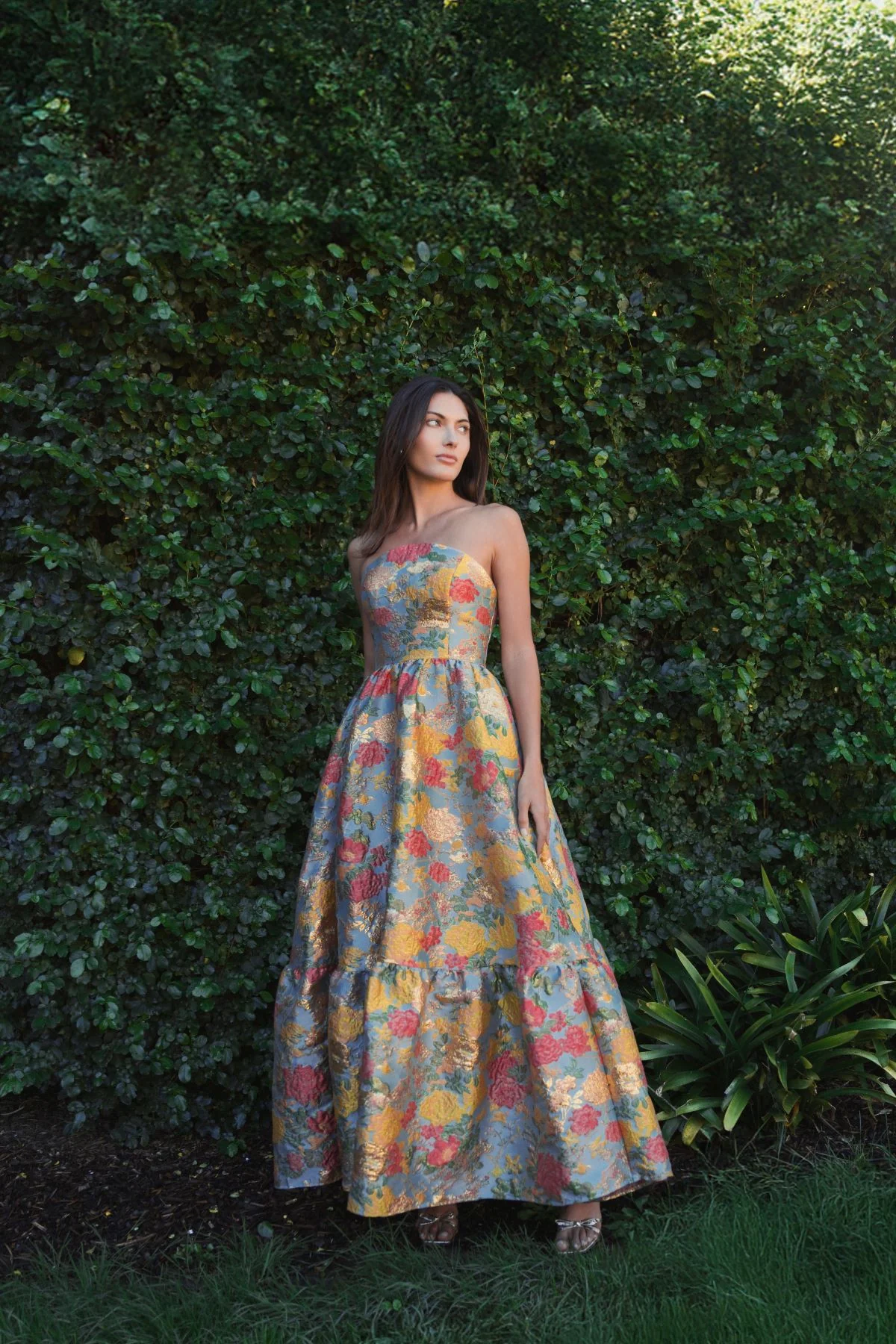 Multicolor Strapless Brocade Floral Gown With Ruffle Hem