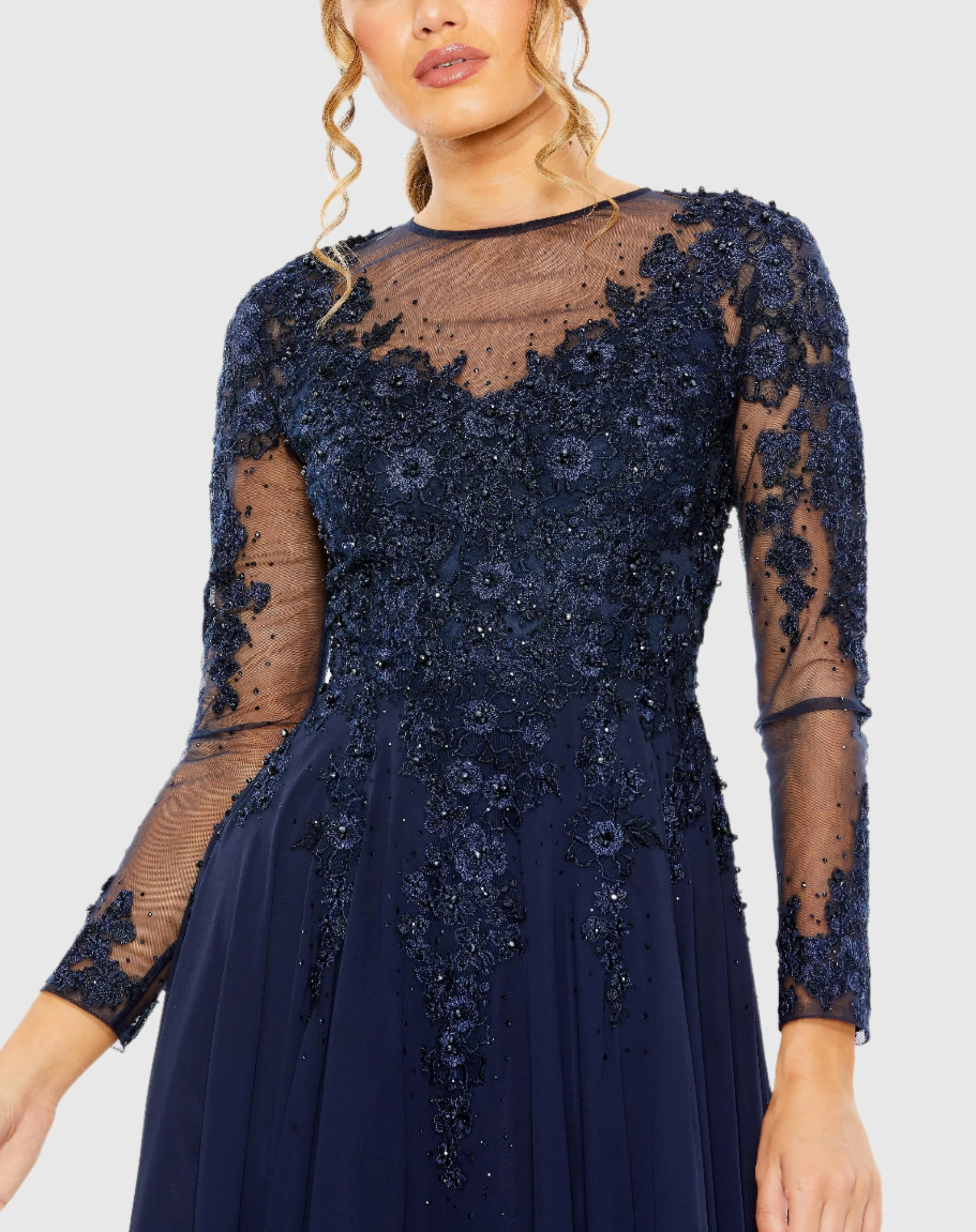 Navy High Neck Mesh Long Sleeve Embellished A Line Gown