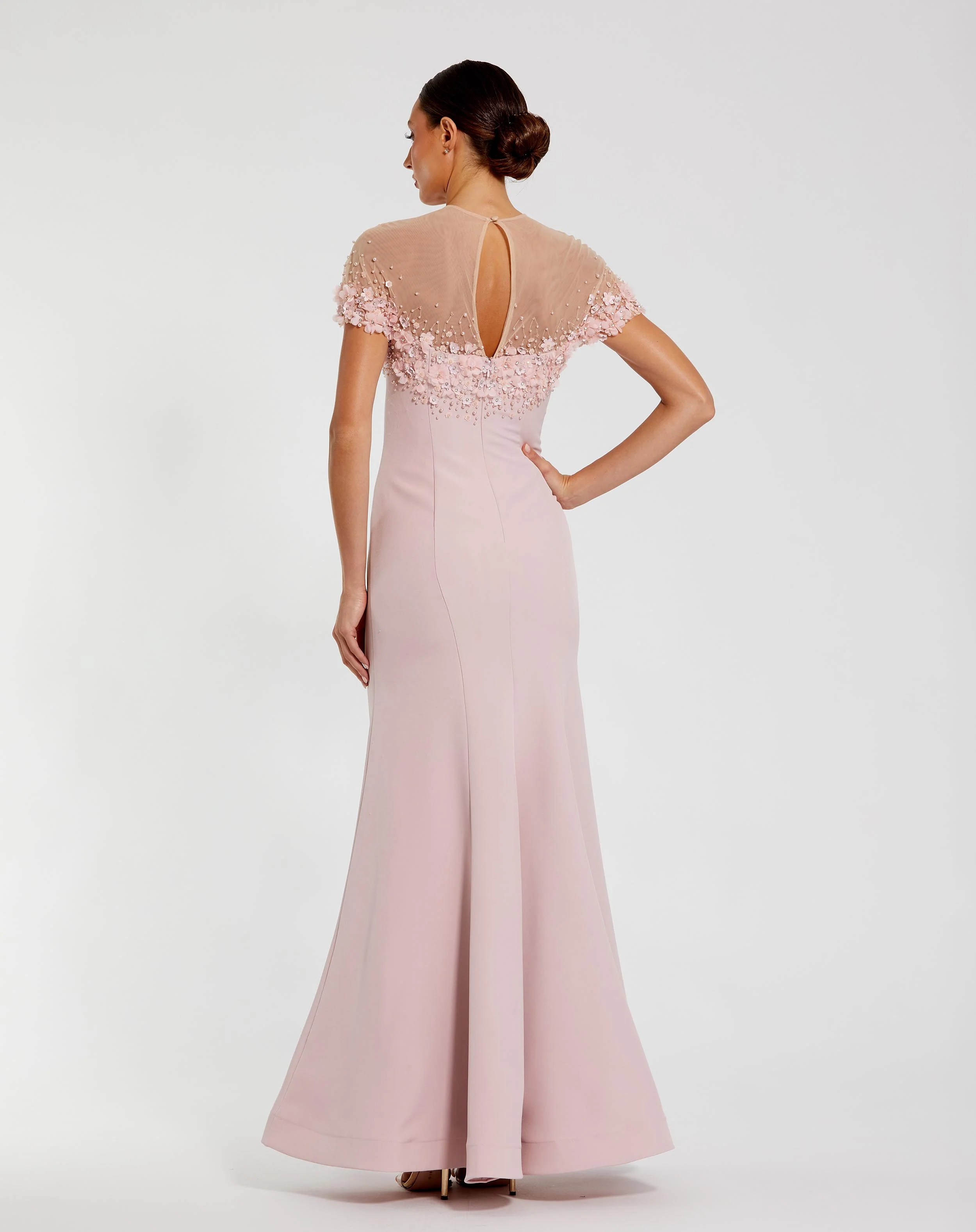 Pink Mermaid Crepe Gown With Beaded Illusion Neck