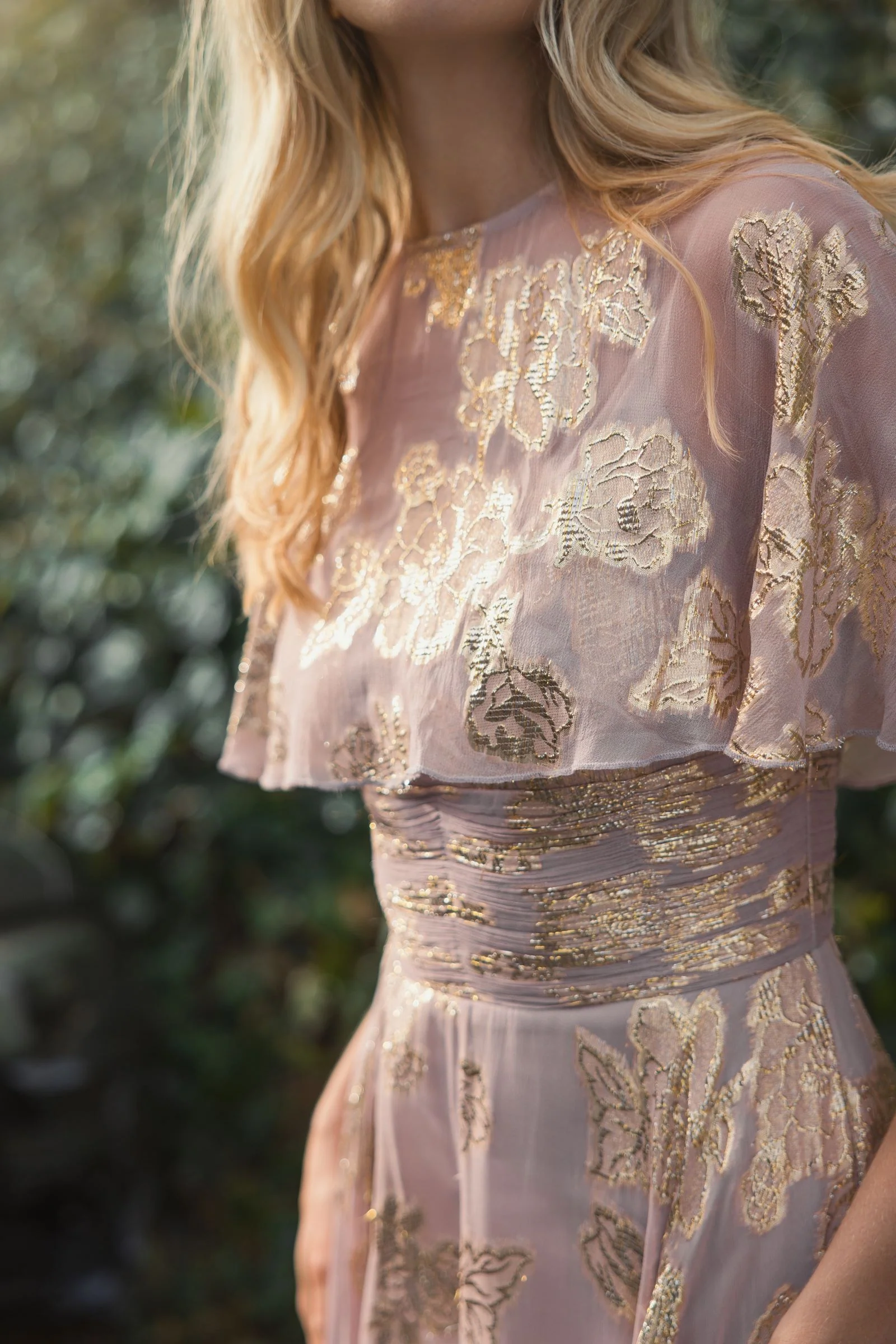 Purple Floral Print High Neck Cape Sleeve A Line Gown