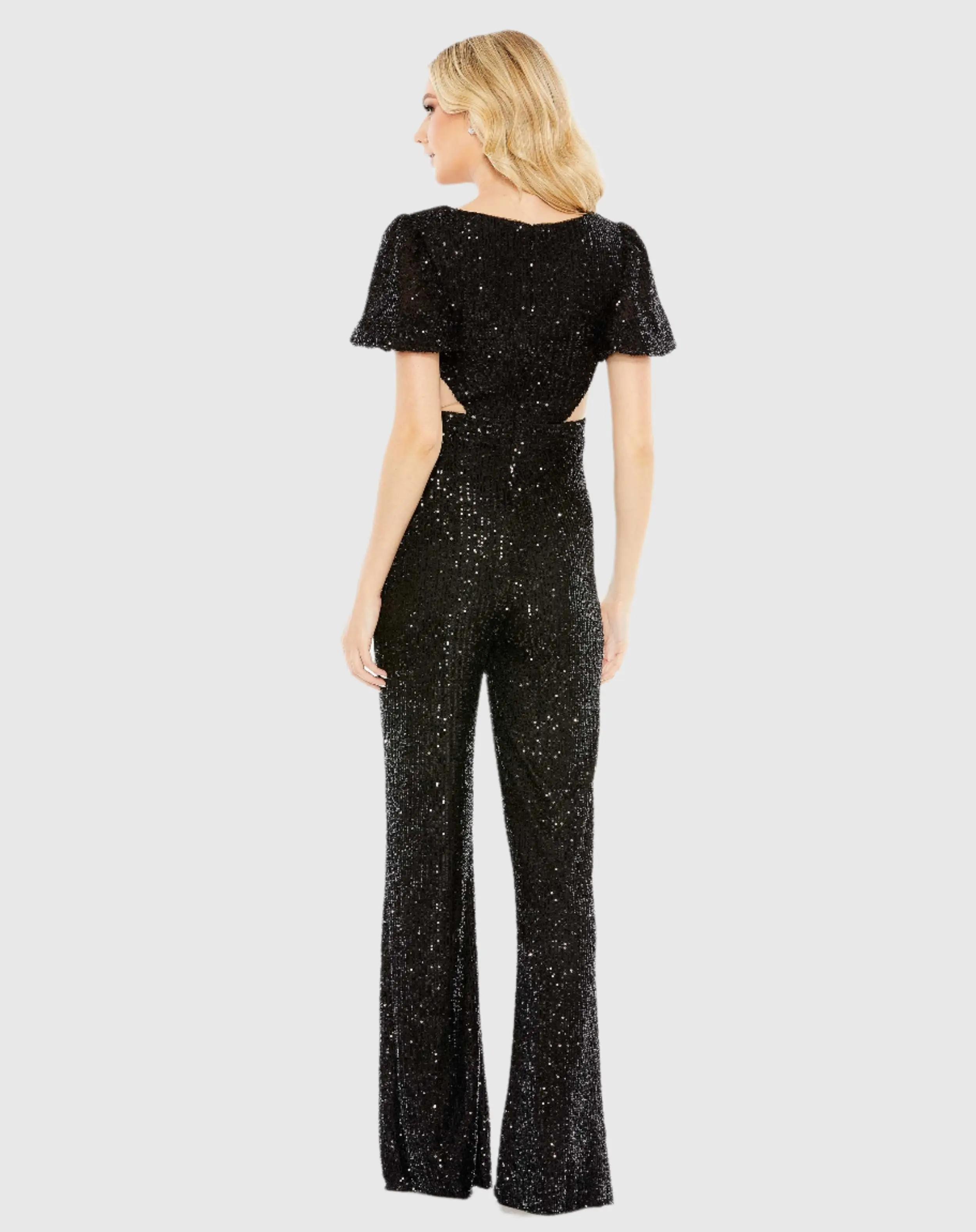 Black Sequined Puff Shoulder Illusion Cut Out Jumpsuit - FINAL SALE