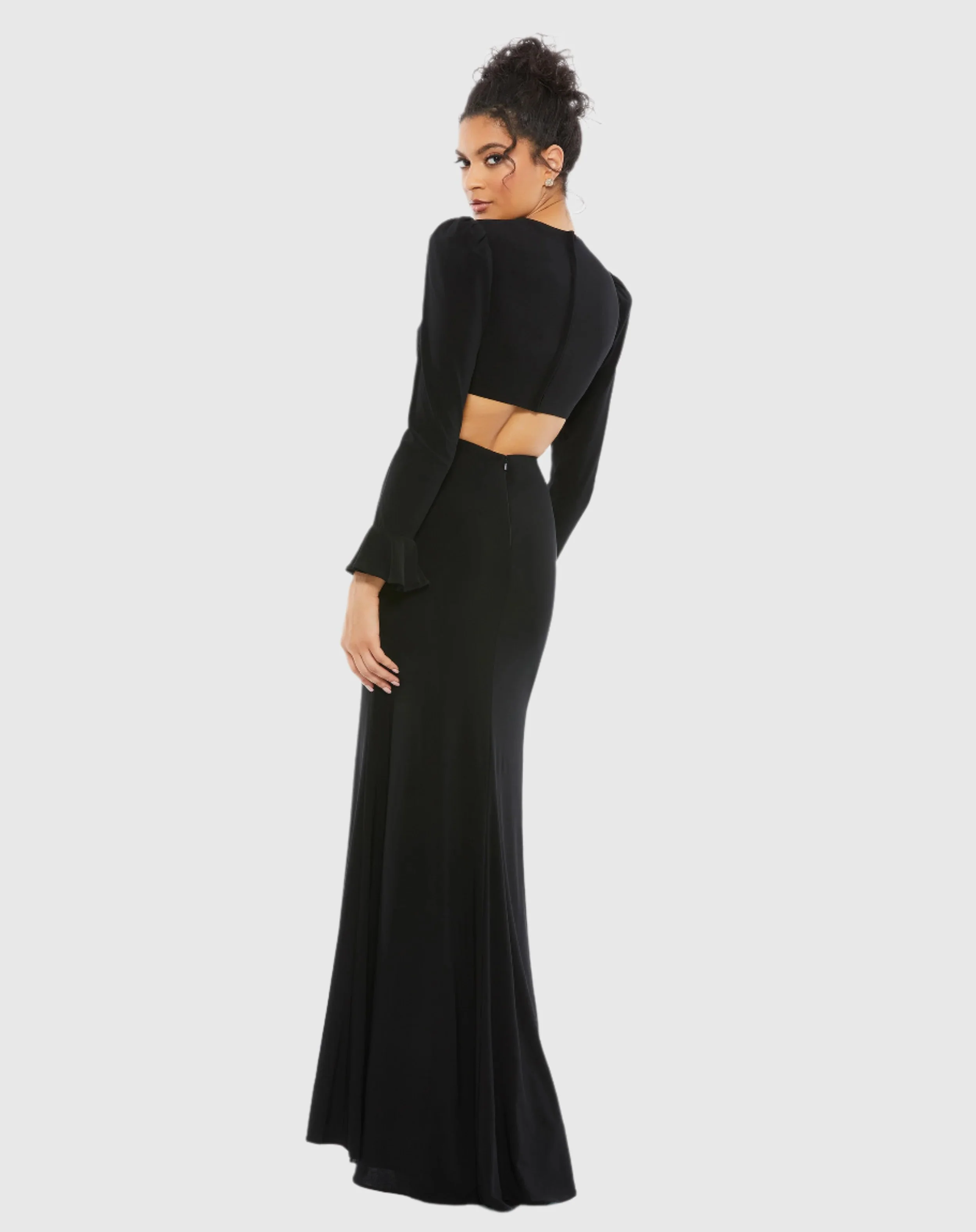 Black Long Sleeve Puff Shoulder Cut Out Gown