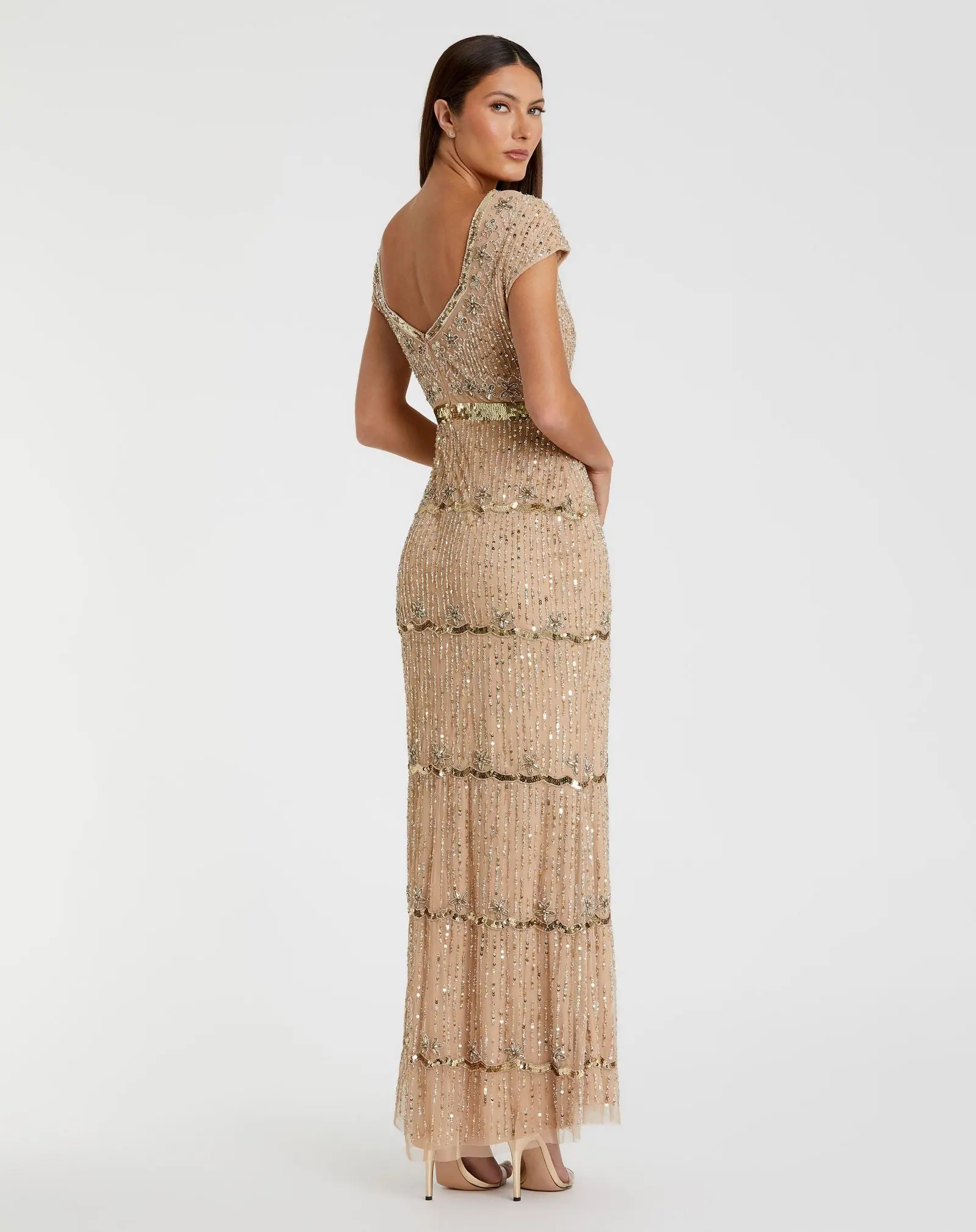 Beige Cap Sleeve Sweetheart Neckline Beaded Sequin Column Gown