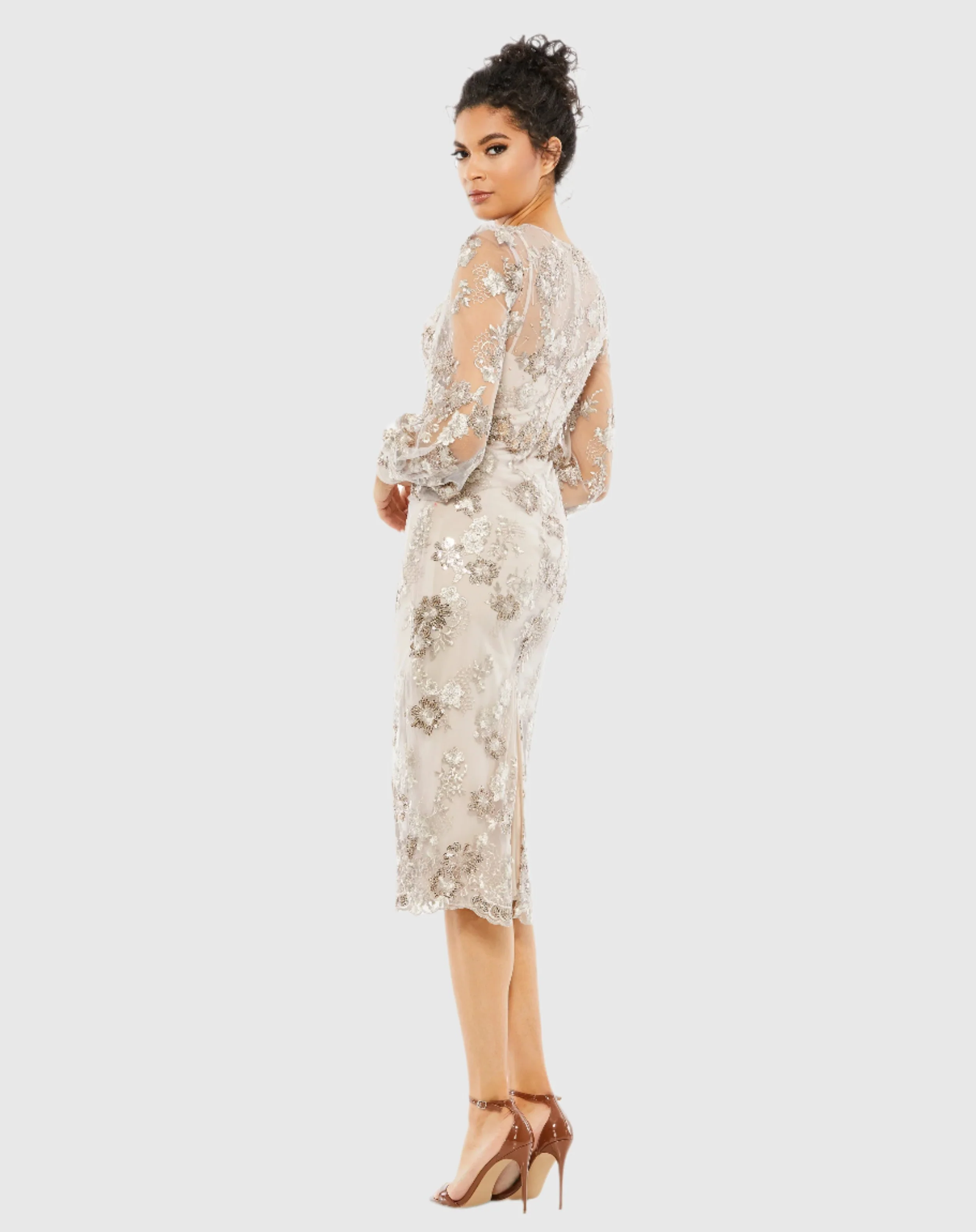 Embellished High Neck Illusion Long Sleeve Midi Dress