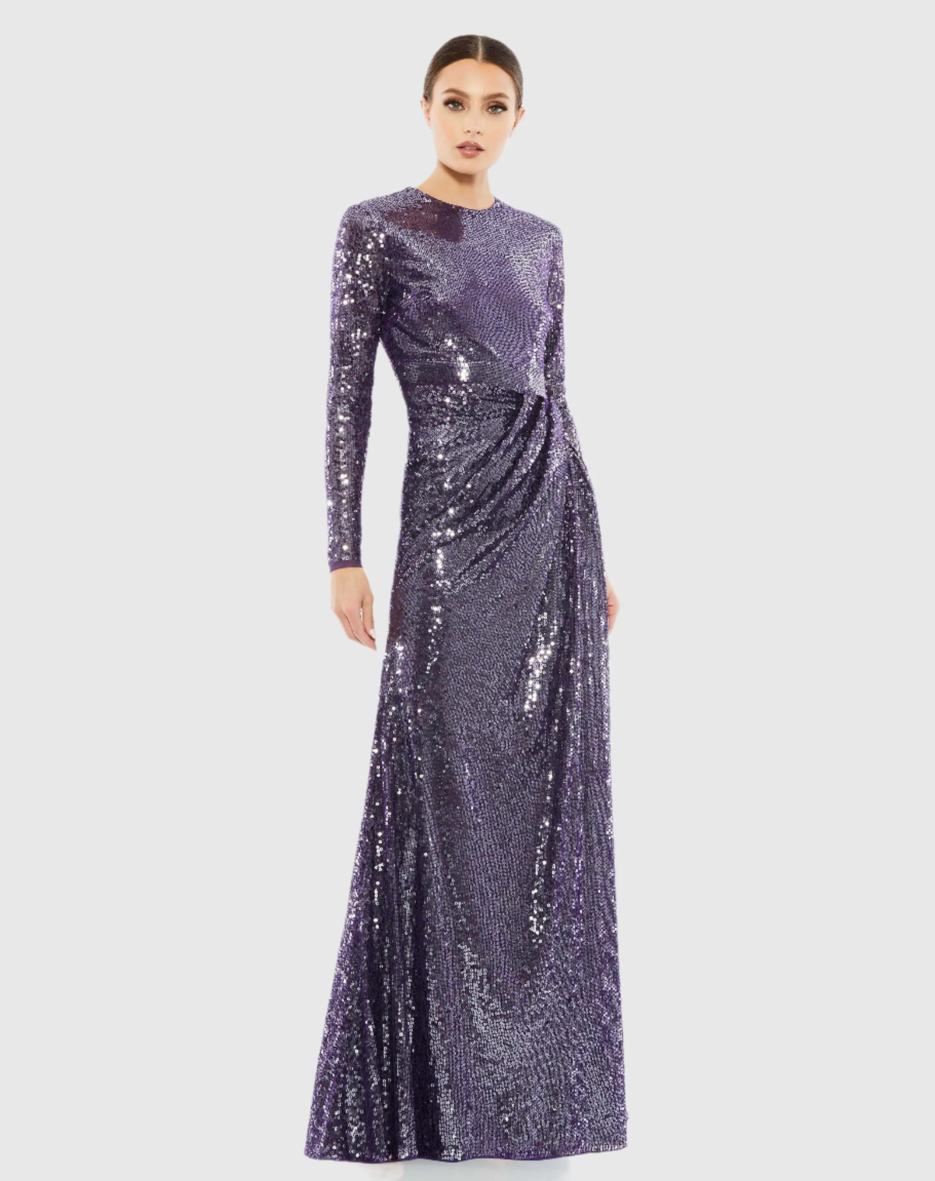 Purple Sequined High Neck Long Sleeve Draped Gown